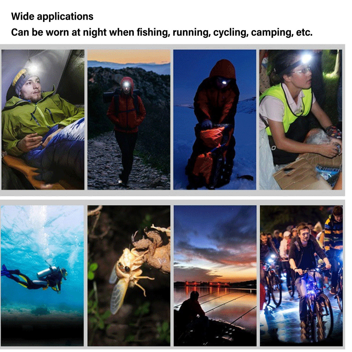 Collage von Menschen, die Stirnlampen für verschiedene Aktivitäten wie Zelten, Wandern, Tauchen und Radfahren nutzen.