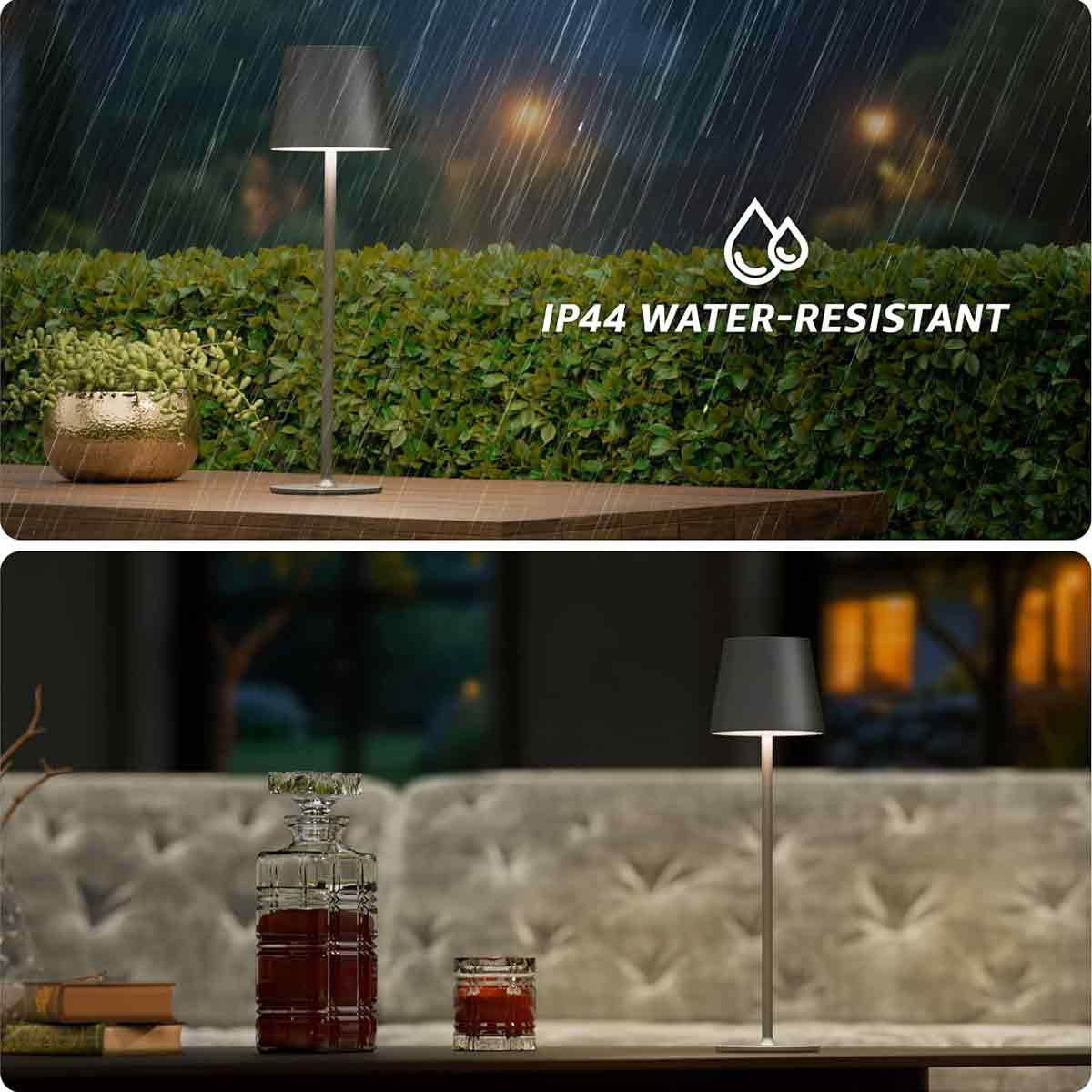 Eine moderne schwarze Tischleuchte im Regen draußen auf Holz und eine im Wohnzimmer auf einem Tisch.