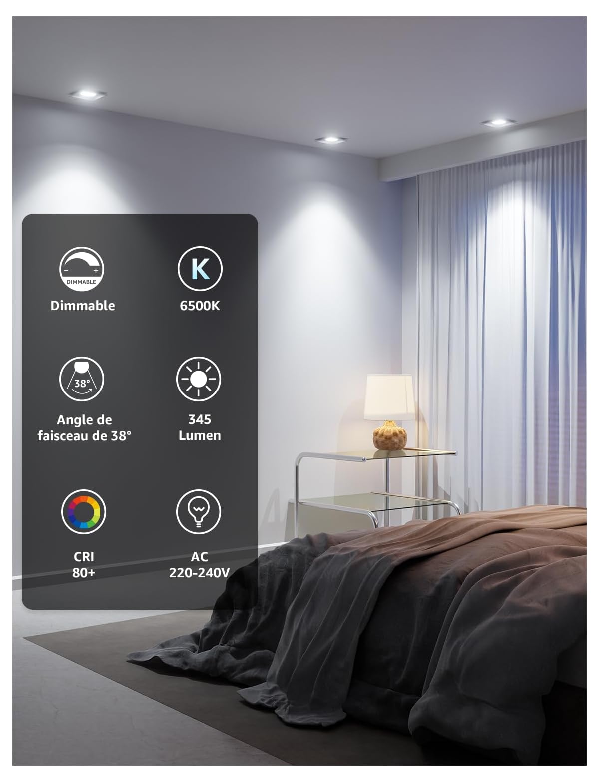 Moderne Beleuchtung in einem Schlafzimmer mit Produktspezifikationen.