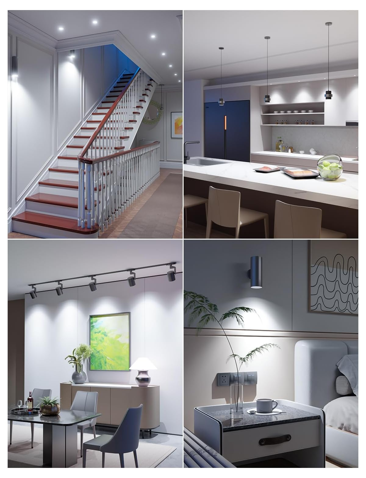 Collage mit vier modernen Innenräumen: Treppe, Küche, Esszimmer und Schlafzimmer mit eleganter Beleuchtung.