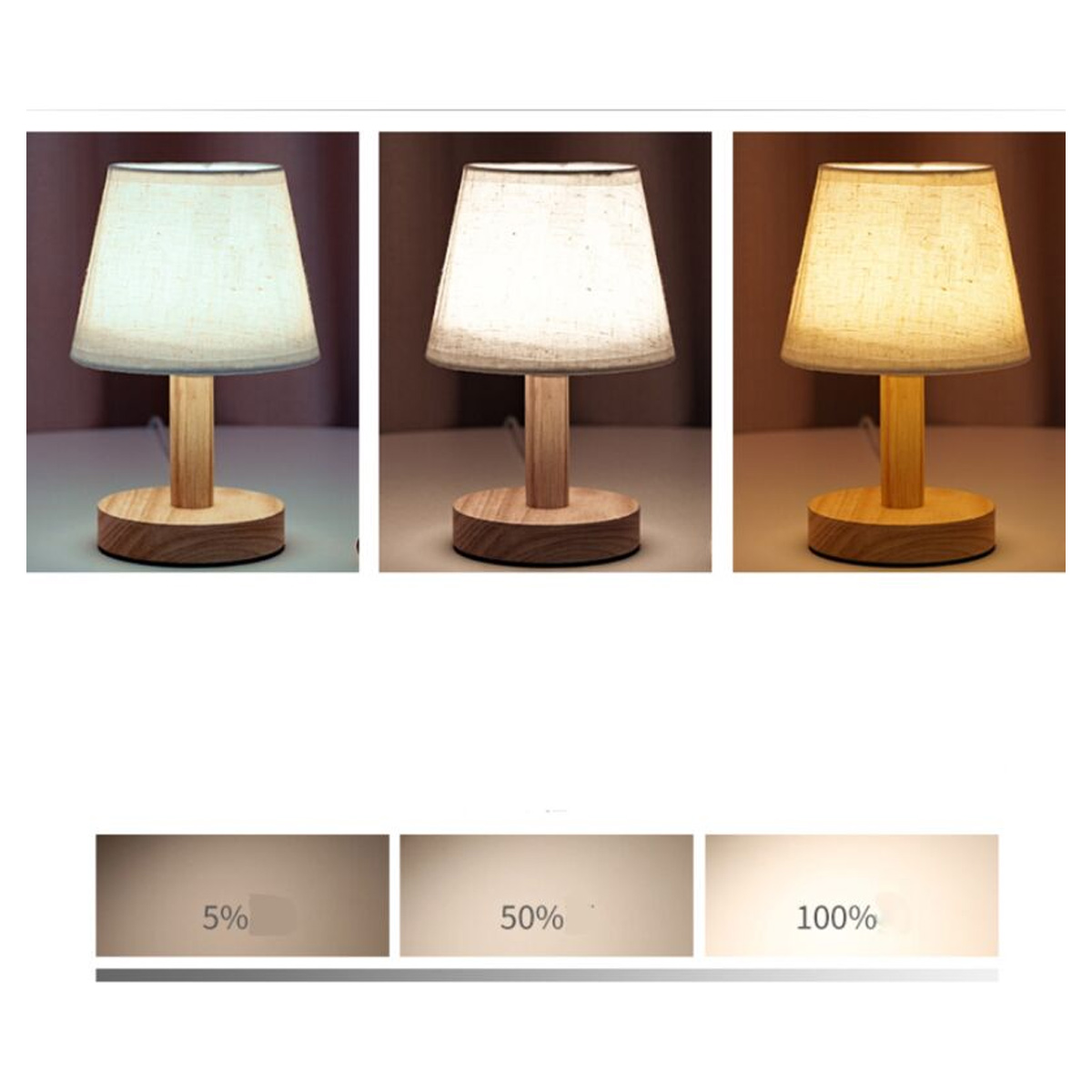 Drei Holztischlampen zeigen verschiedene Helligkeitsstufen von 5%, 50% bis 100%.