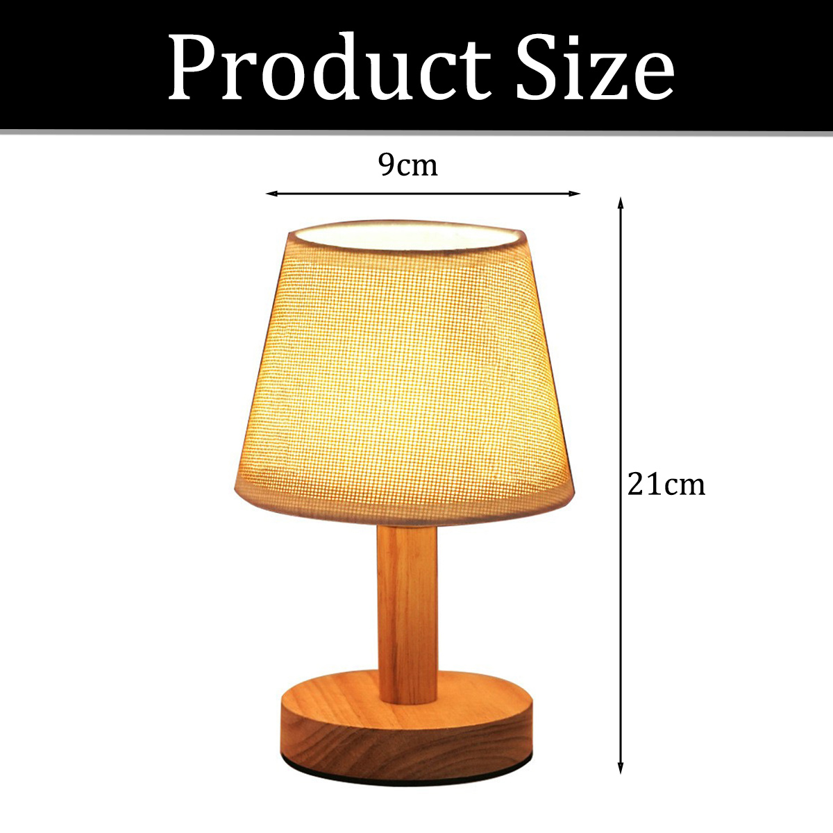 Eine Holztischlampe mit beigem Schirm, Höhe 21 cm, Breite 9 cm.