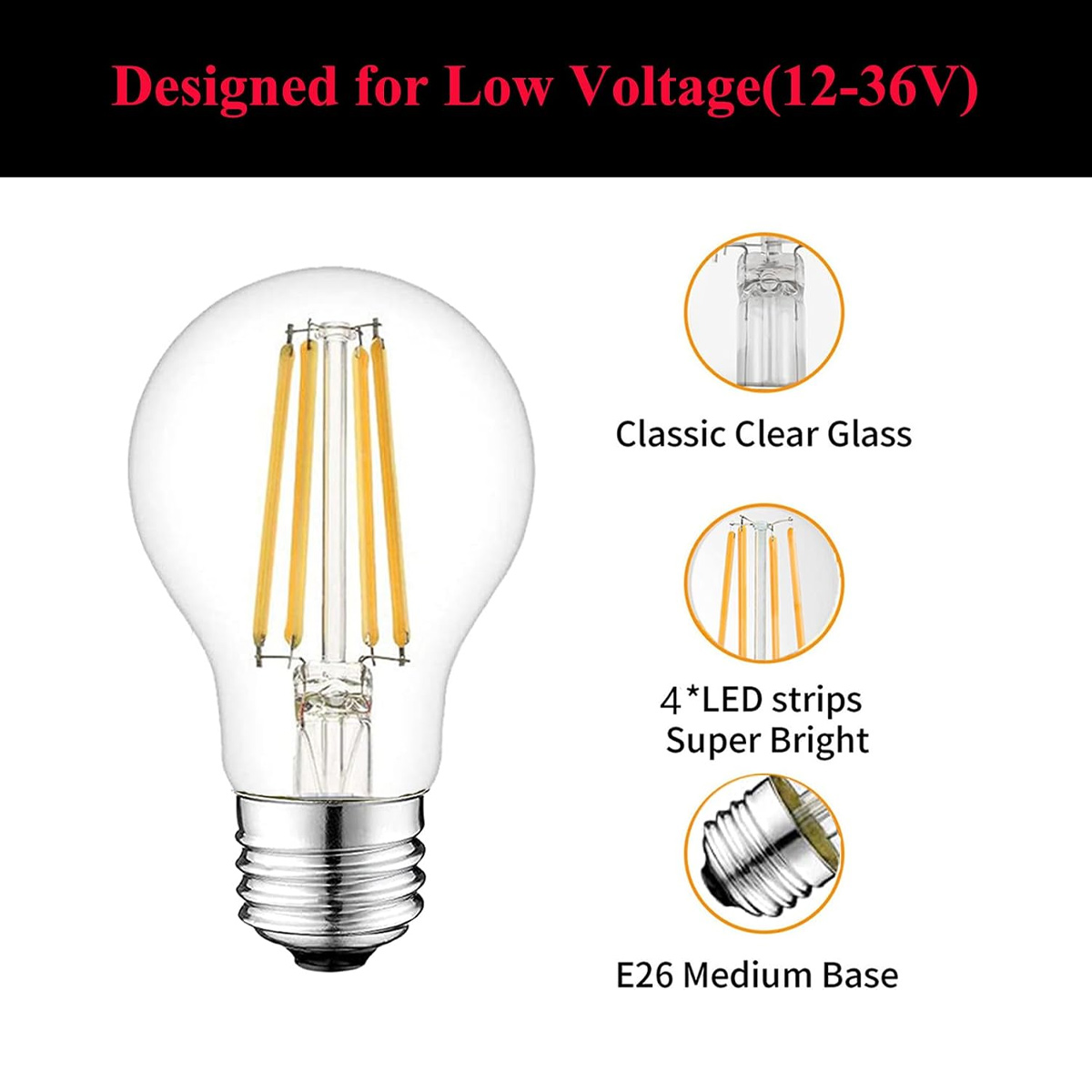 Eine klare LED-Filamentlampe mit E26-Sockel, klarem Glas, vier LED-Streifen und Niedervoltdesign.