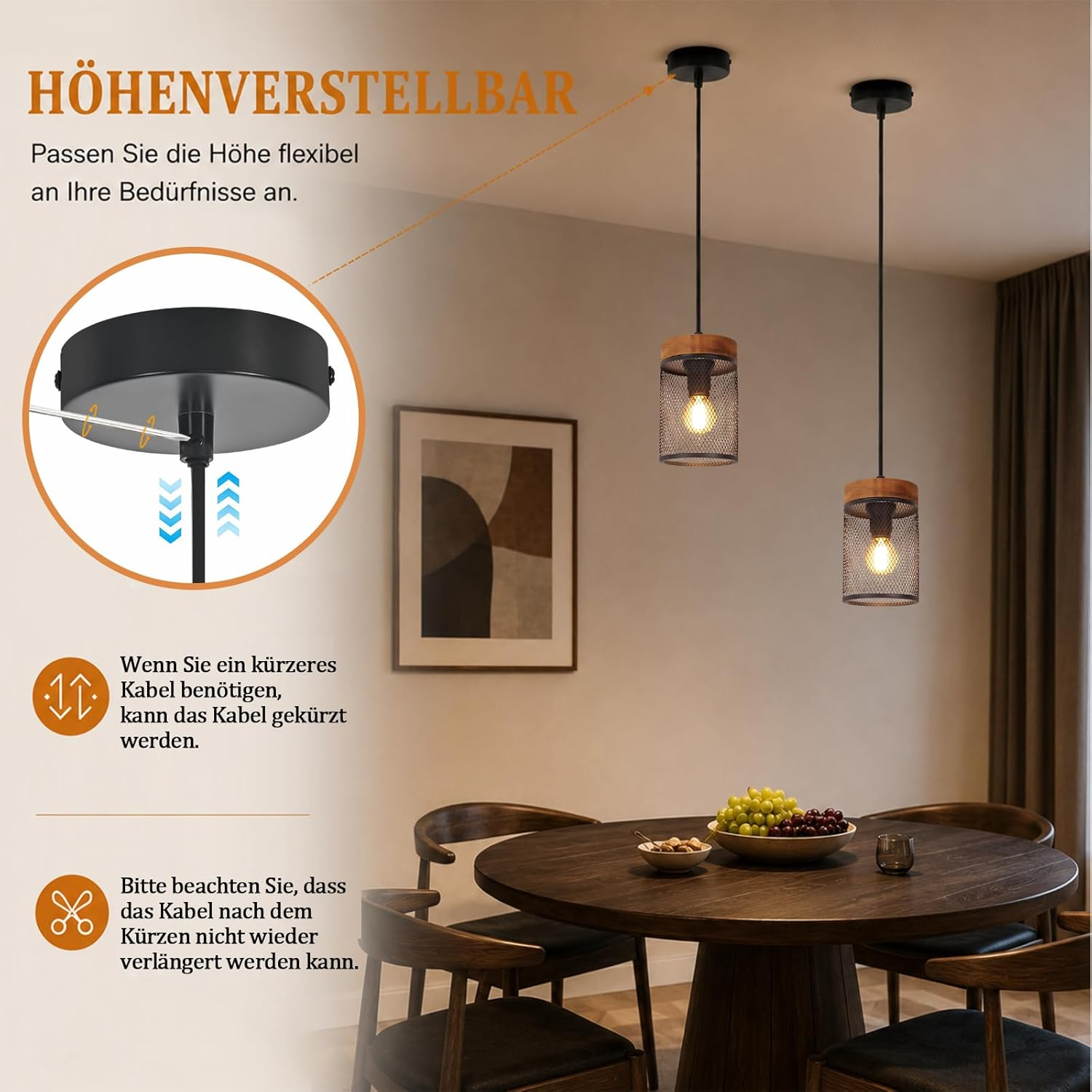 Zwei hängende Lampen über einem runden Holztisch mit Stühlen, mit Infografiken zur Höhenverstellung.