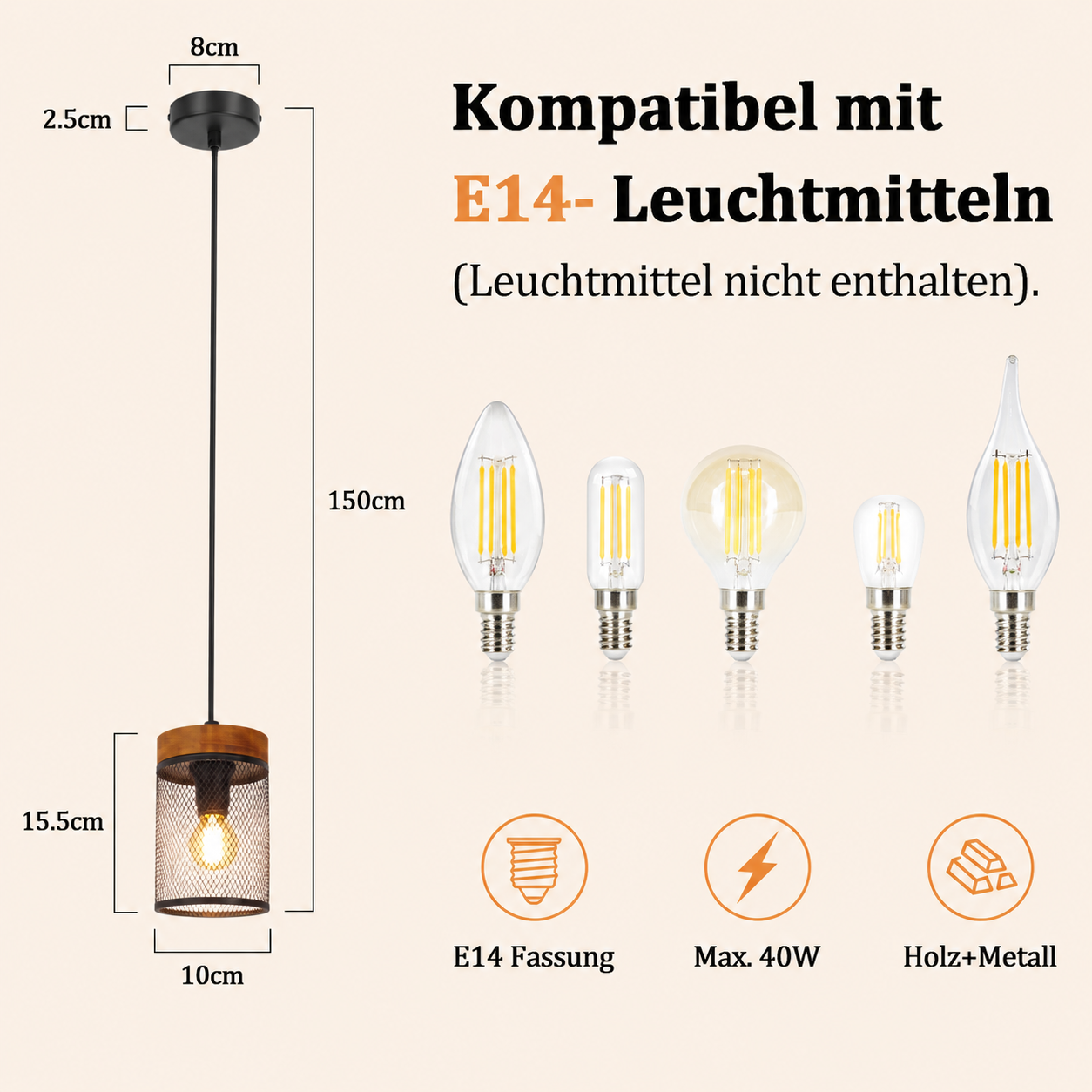 Technische Zeichnung einer Pendelleuchte mit Maßen, E14-Fassung, max. 40W und Holz-Metall-Materialien.