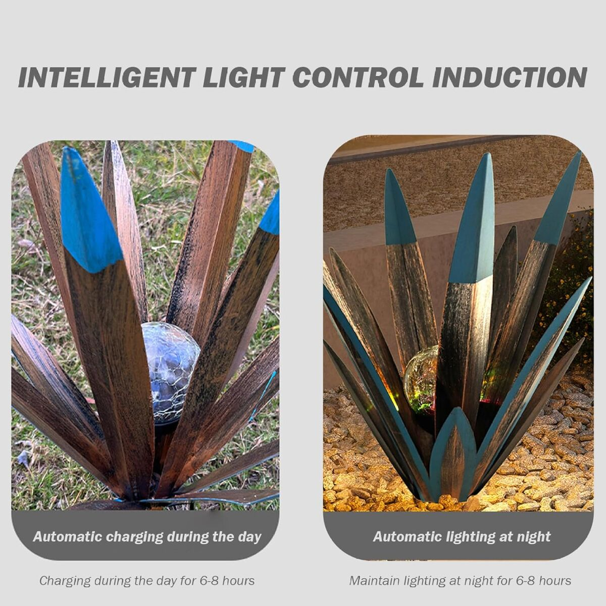 Zwei Agaven-Solarlampen aus Metall mit blauen Spitzen und einer Leuchtkugel im Zentrum bei Tag und Nacht.