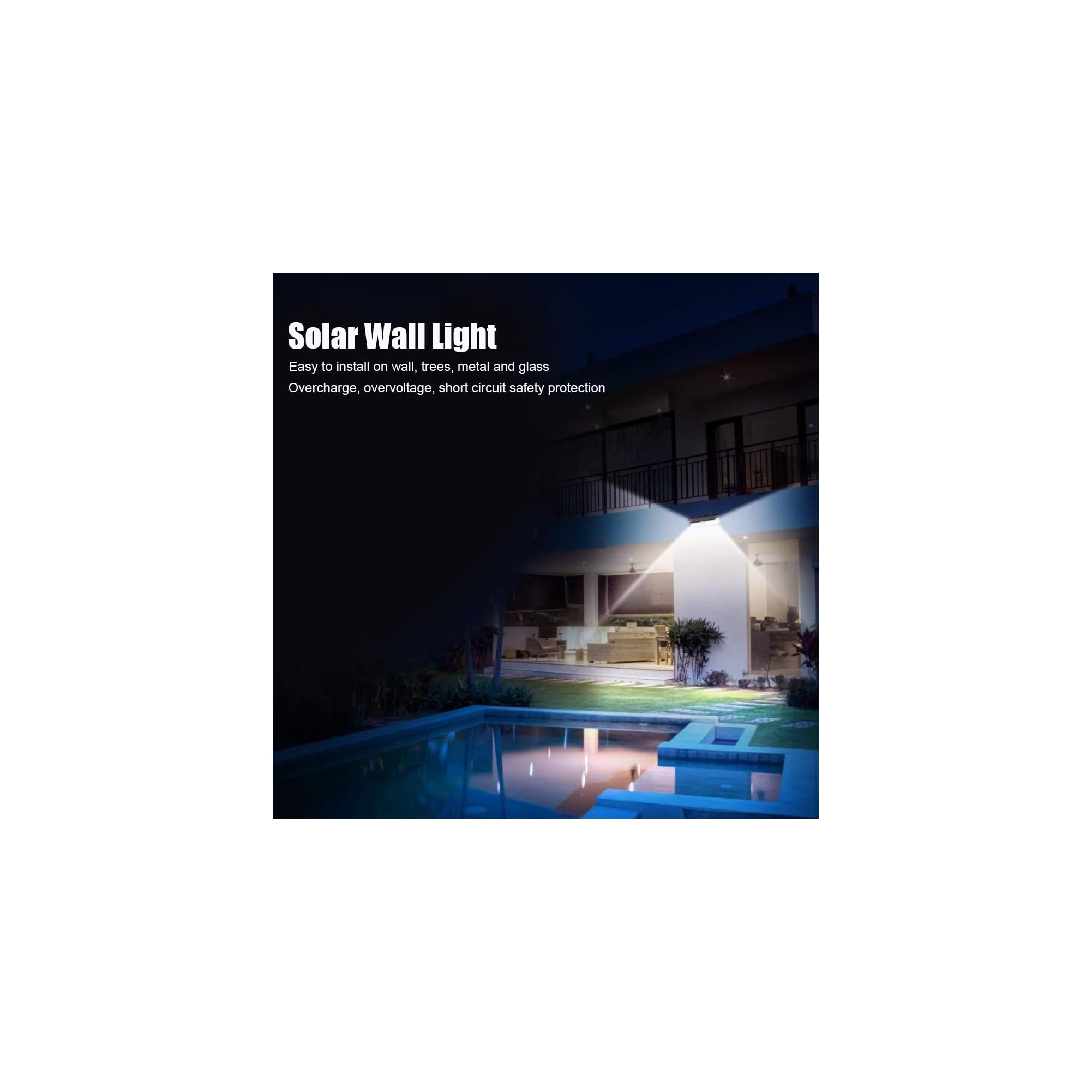 Solar-Wandleuchte an einem modernen Haus am Pool im Dunkeln beleuchtet den Garten.