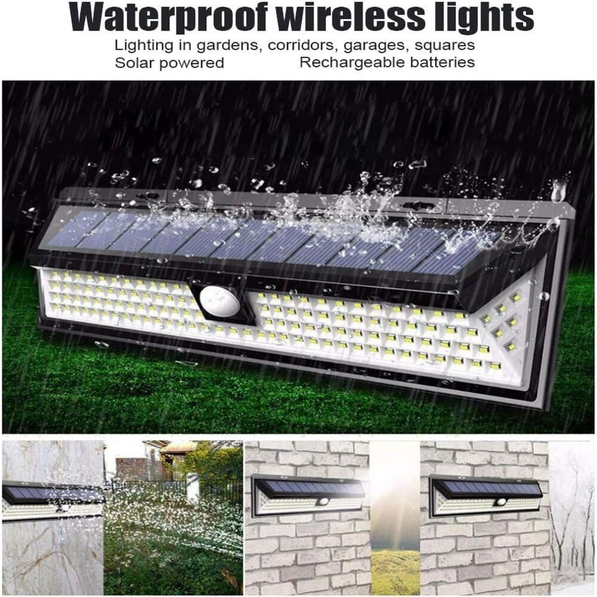 Wasserdichte Solar-LED-Leuchte an einer Ziegelwand mit spritzendem Wasser.
