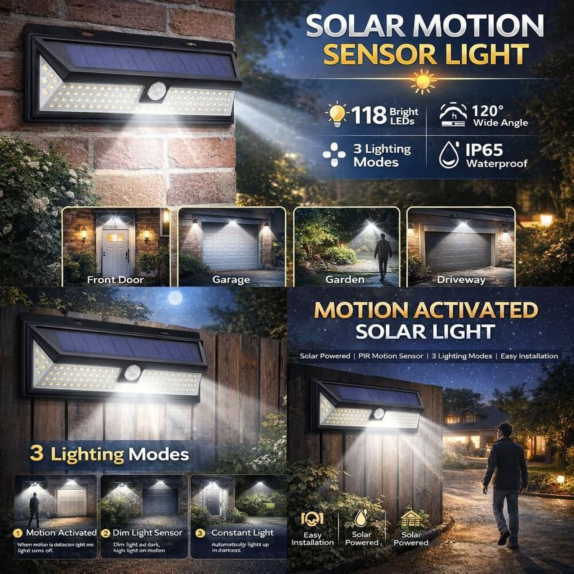Solar-Bewegungssensor-Leuchte mit 118 LEDs und drei Beleuchtungsmodi für den Außenbereich.