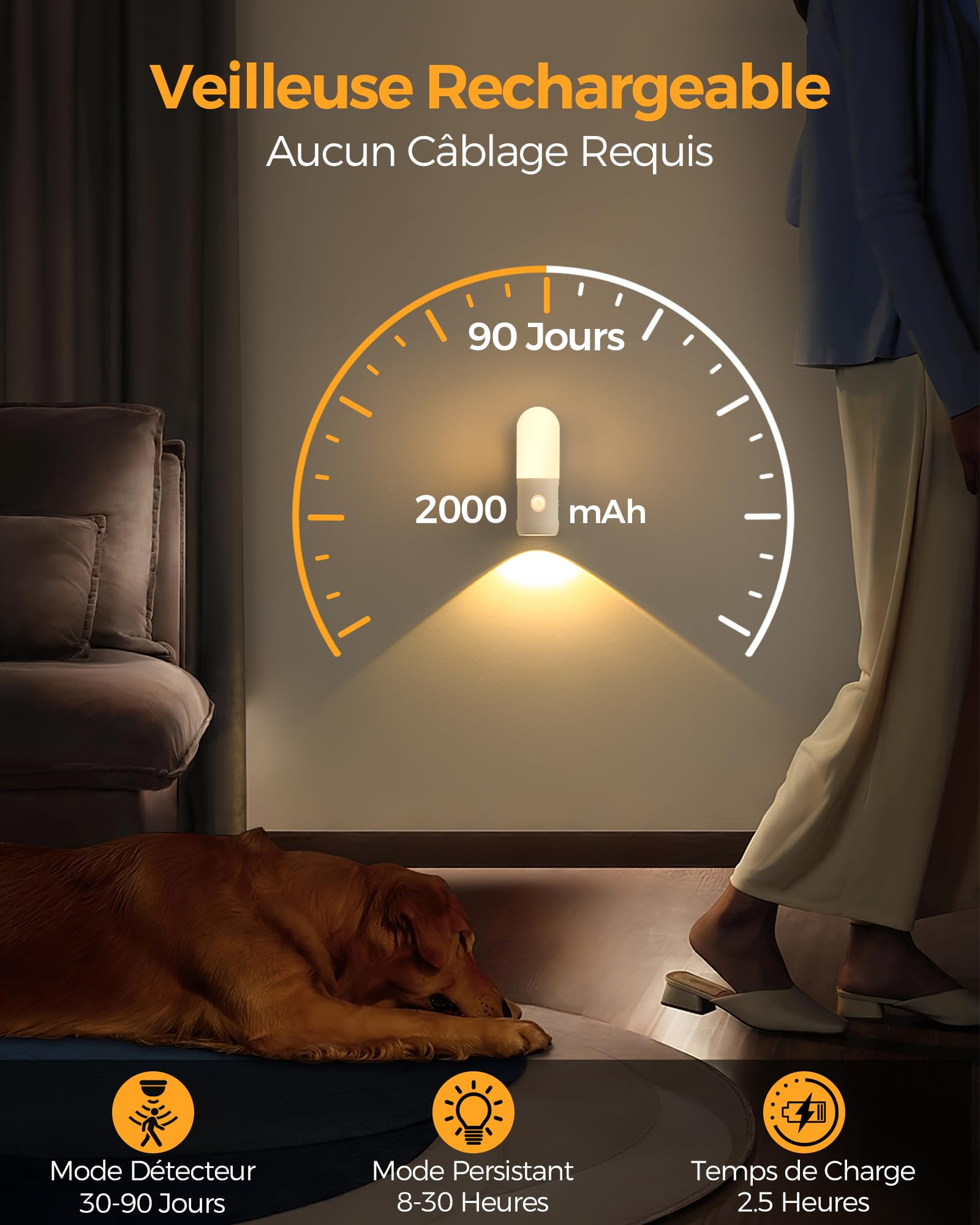 Wiederaufladbares Nachtlicht an einer Wand mit 2000 mAh, einem schlafenden Hund und einer gehenden Person.