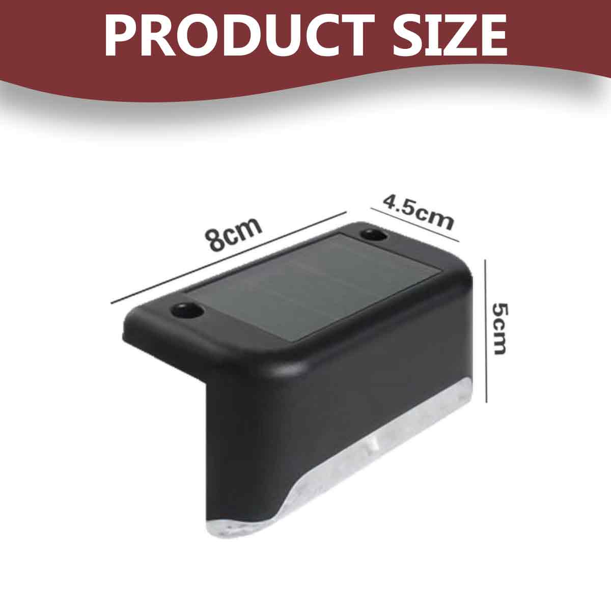 Schwarze Solar-Treppenleuchte mit den Maßen 8cm x 4,5cm x 5cm, angezeigt mit dem Text PRODUCT SIZE.