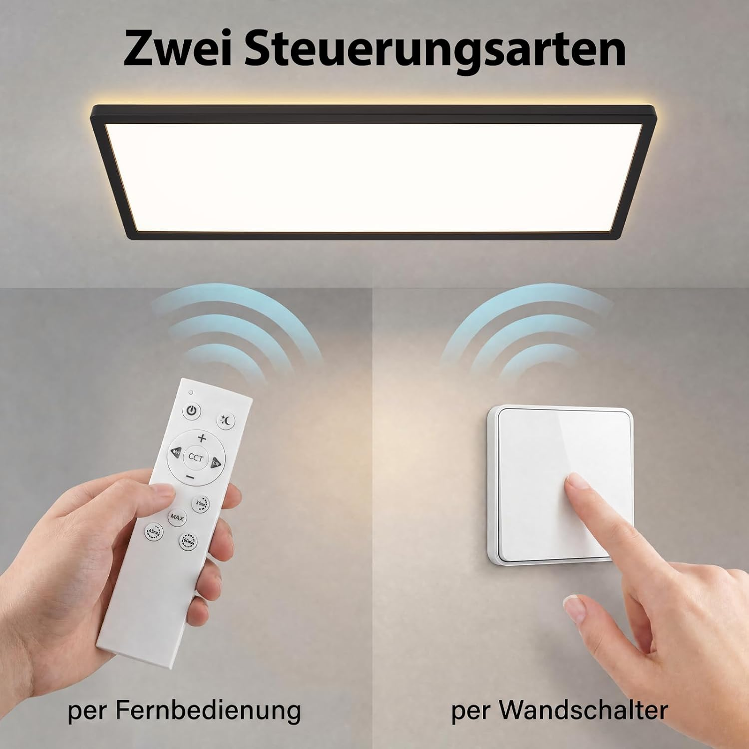 Eine Deckenlampe wird mit Fernbedienung oder Wandschalter gesteuert.