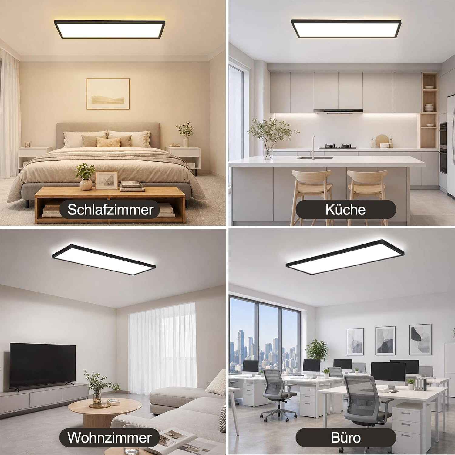 Vier Bilder zeigen dieselbe Deckenlampe in Schlafzimmer, Küche, Wohnzimmer und Büro.