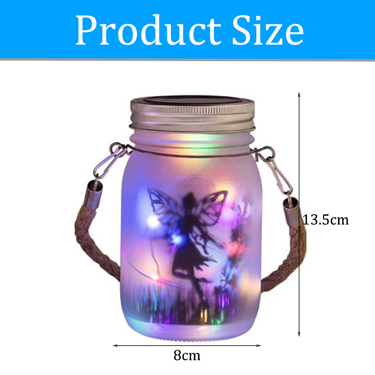 Ein beleuchtetes Einmachglas mit einer Fee, einem Seilgriff und Maßangaben von 13,5 cm Höhe und 8 cm Breite.