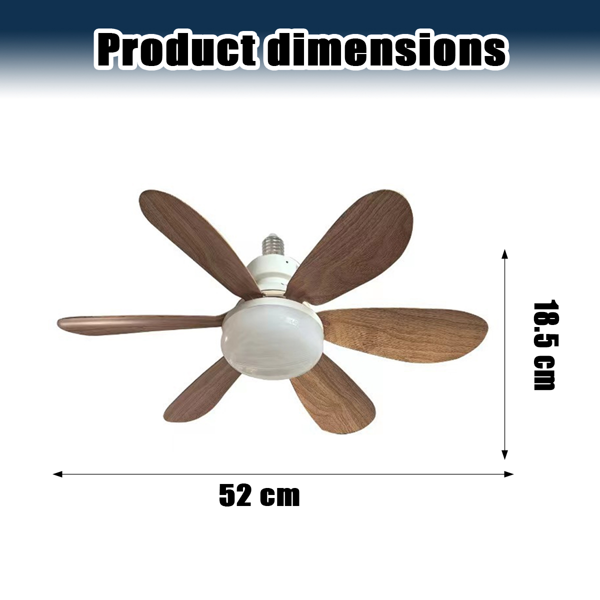 Produktabmessungen zeigen einen Deckenventilator mit 52 cm Breite und 18,5 cm Höhe mit Holzflügeln.