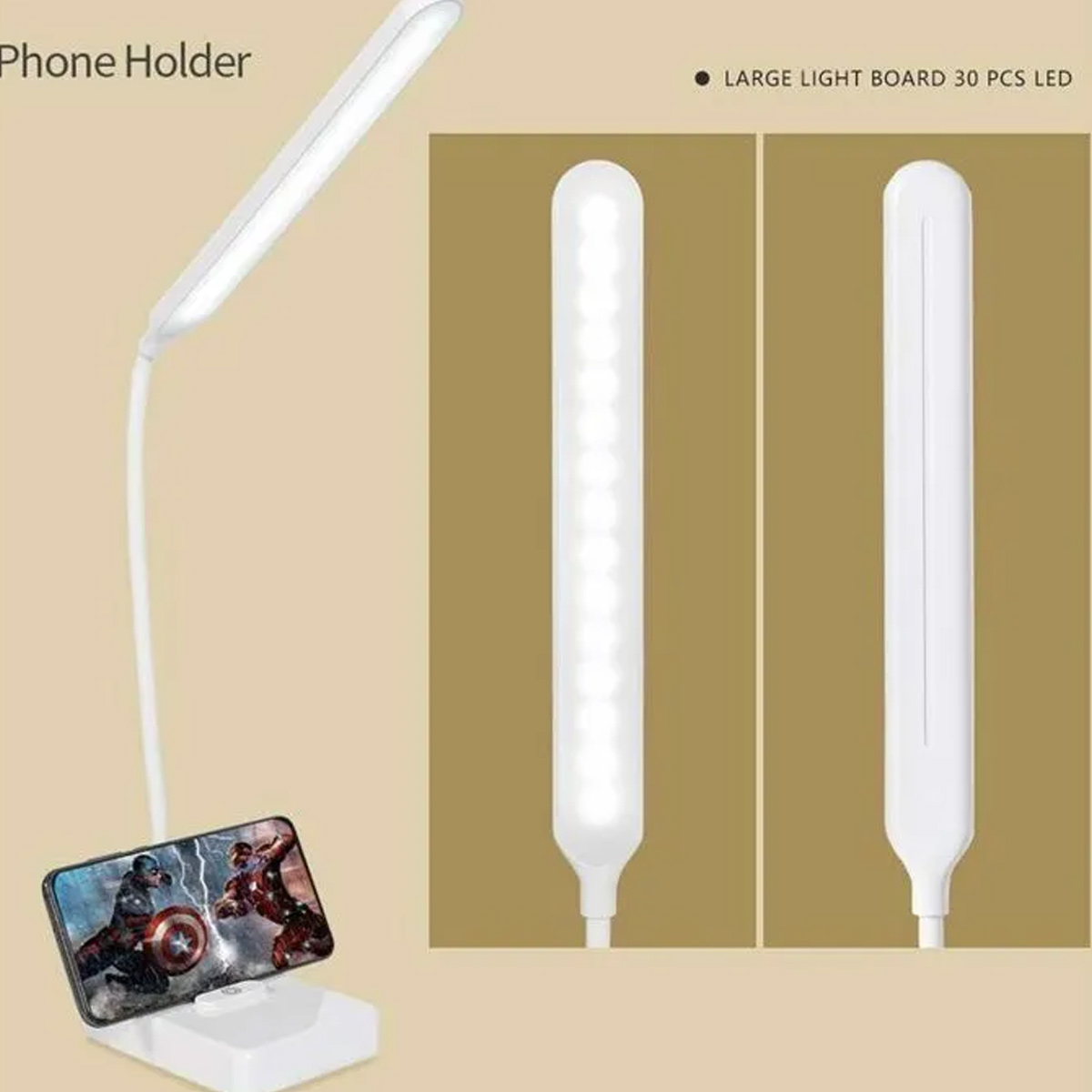 Eine weiße LED-Schreibtischlampe mit Telefonhalterung und großem Lichtpanel mit 30 LEDs.