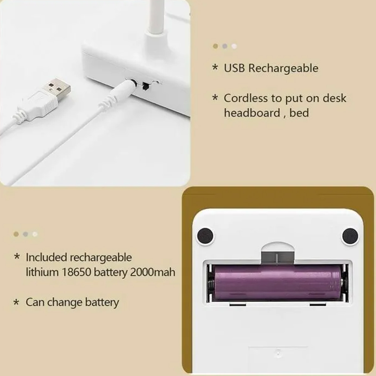 Weisse Lampe mit USB-Kabel und austauschbarem Lithium-Akku auf der Unterseite.