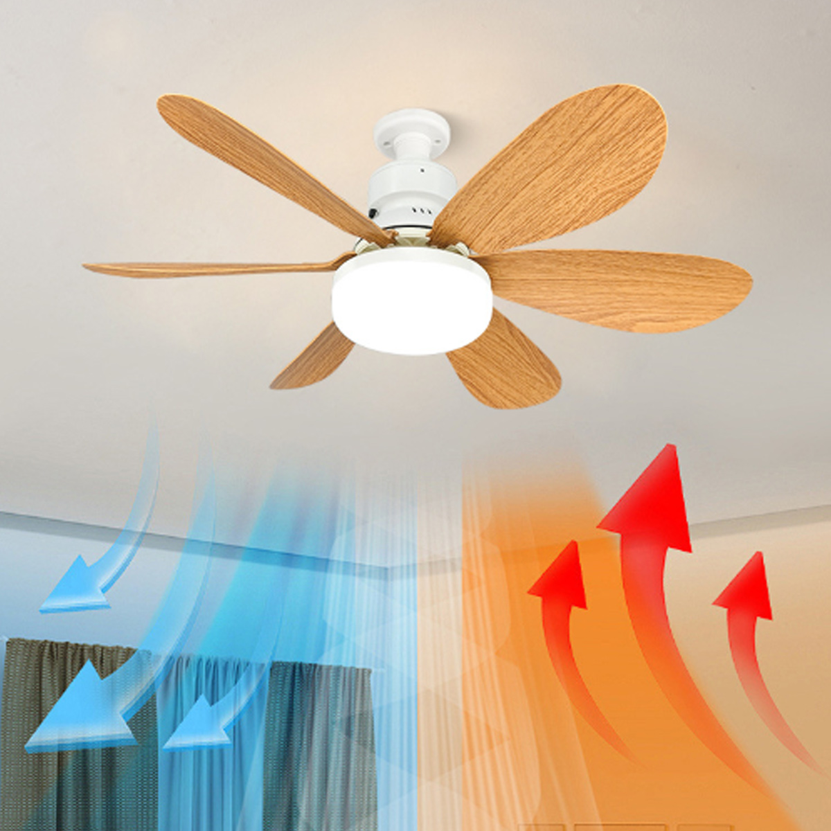Ein weißer Deckenventilator mit Holzblättern und Licht, mit blauen und roten Luftstrompfeilen.