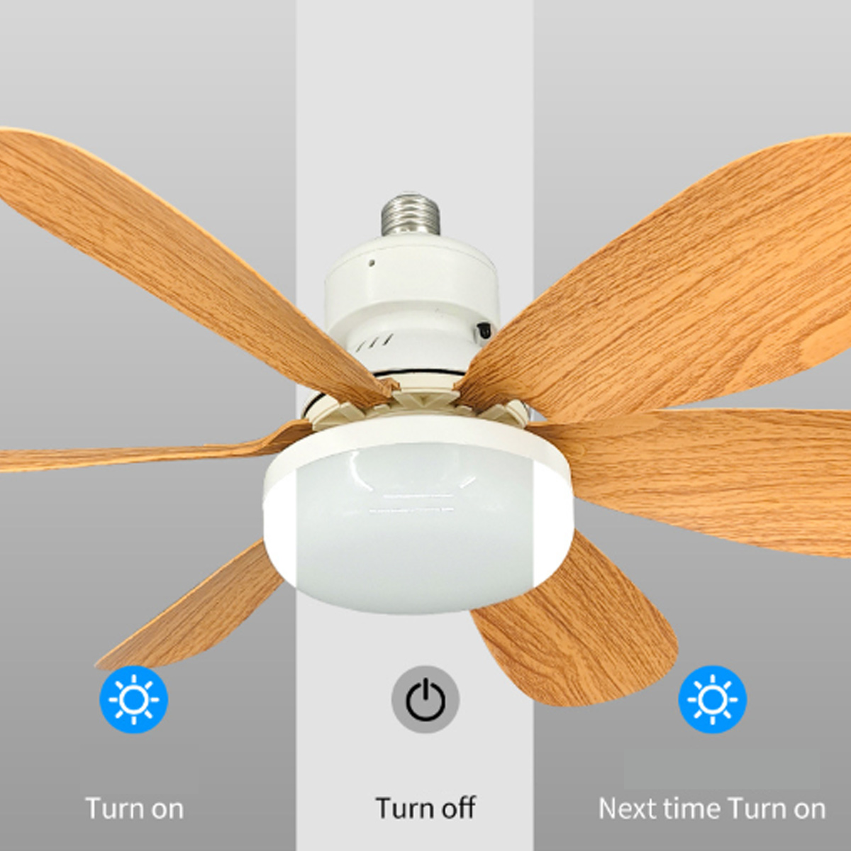Deckenventilator mit Holzflügeln und integrierter Beleuchtung vor grauem Hintergrund.