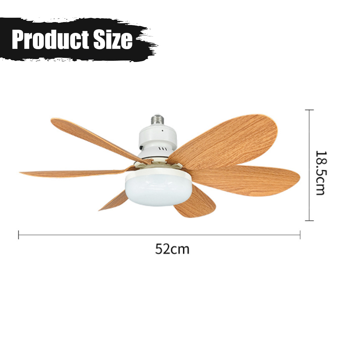 Weißer Deckenventilator mit Holzmaserungs-Flügeln und integriertem Licht, Breite 52 cm, Höhe 18,5 cm.