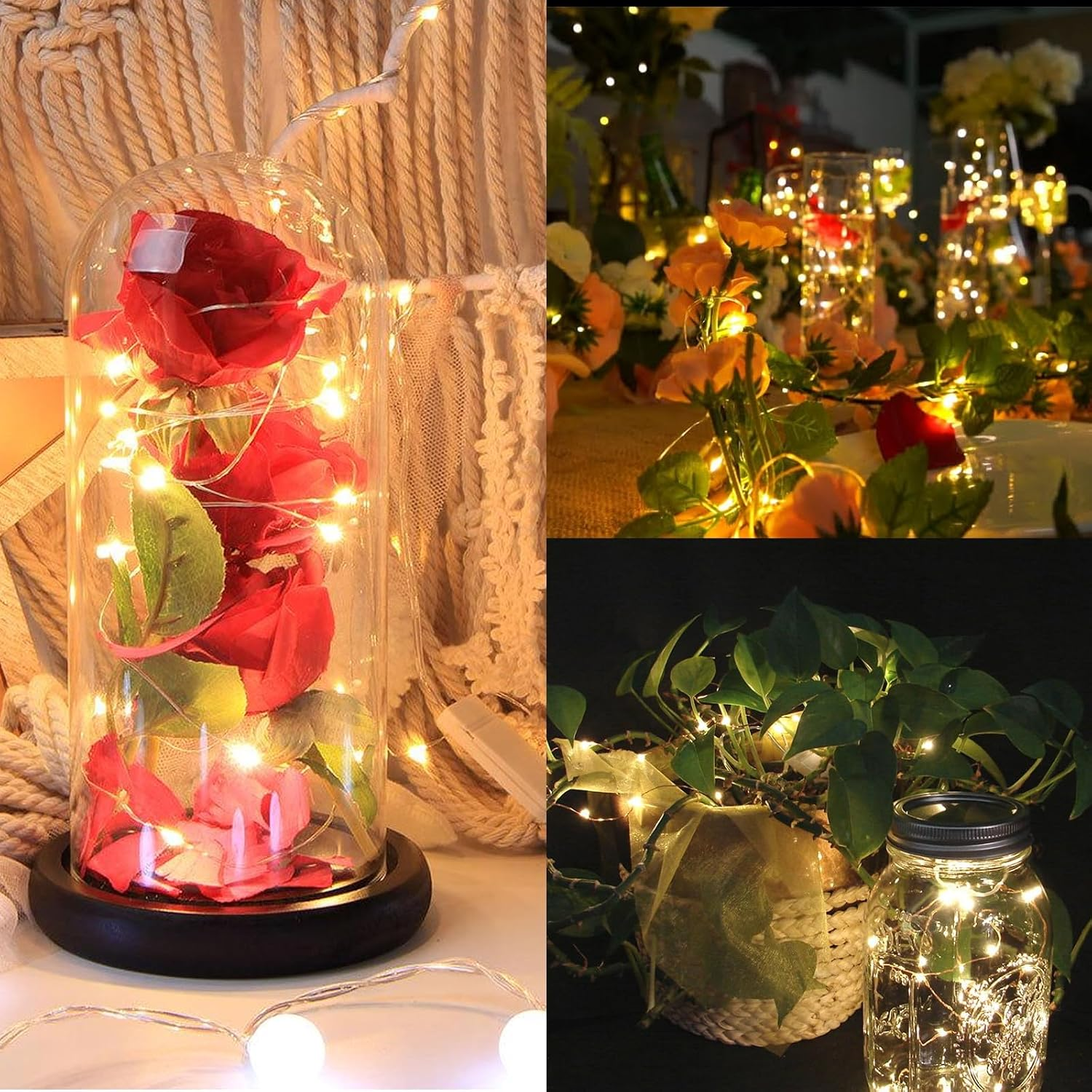 Rote Rosen unter einer Glasglocke mit Lichterketten und weitere dekorierte Tischszenen mit Lichtern.