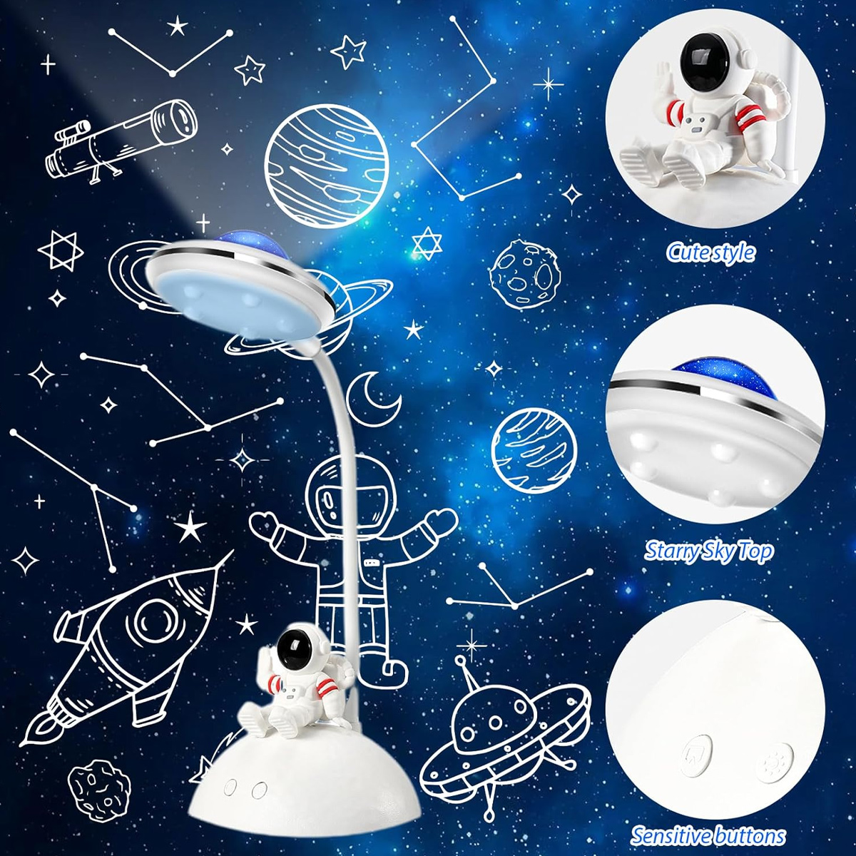 Eine weiße Astronautenlampe vor einem blauen Weltraumhintergrund mit Sternzeichnungen.