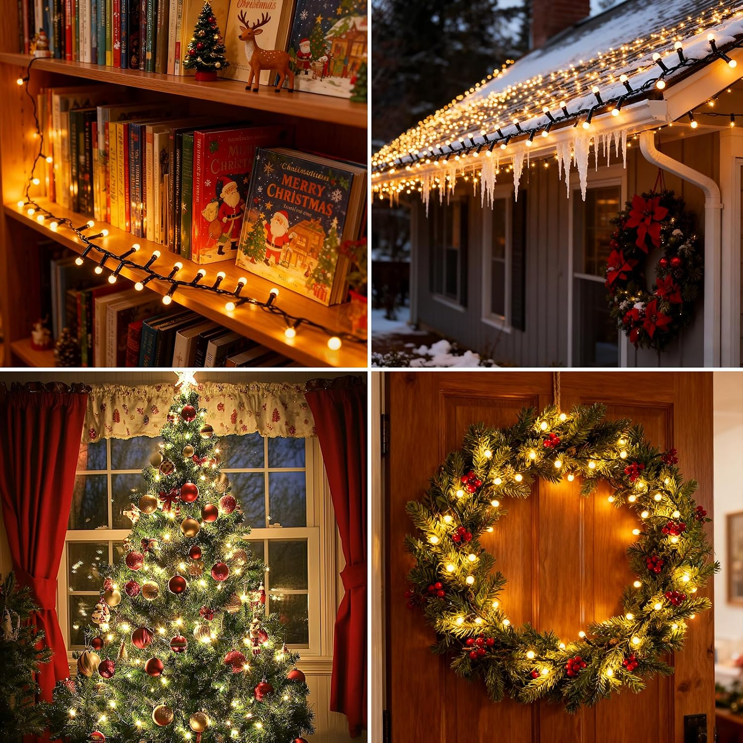 Vier Bilder zeigen weihnachtliche Dekorationen: Bücherregal mit Lichtern, verschneites Dach, Weihnachtsbaum und Türkranz.