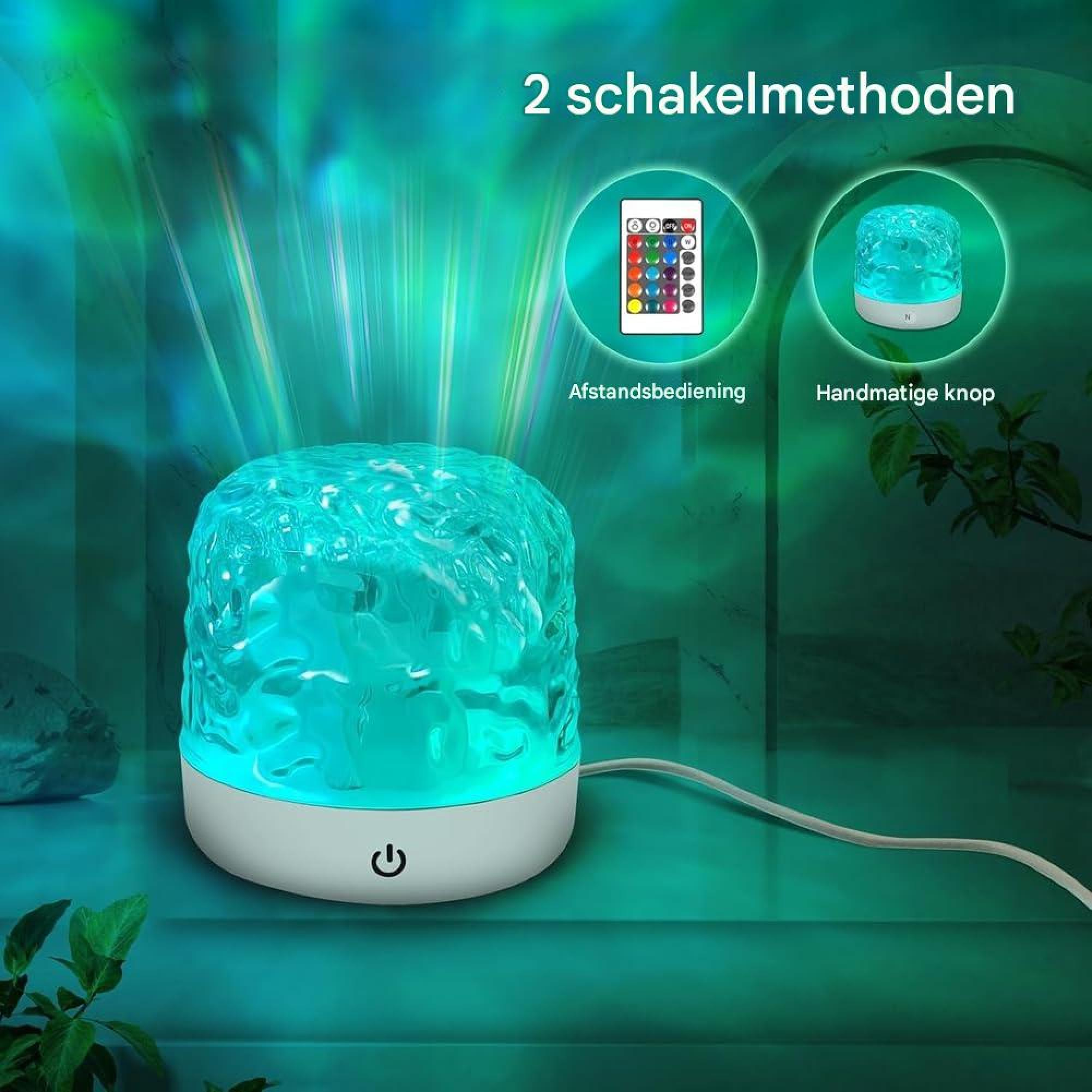 Blaue Nachttischlampe mit Wassereffekt, per Fernbedienung oder Knopf bedienbar.