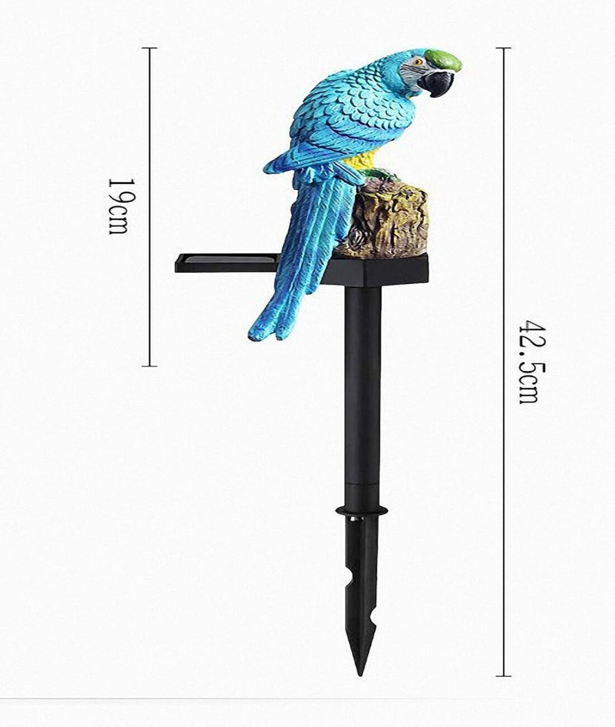 Eine blau-gelbe Papageien-Garten-Solarleuchte mit markierten Höhenmaßen von 19 cm und 42,5 cm.