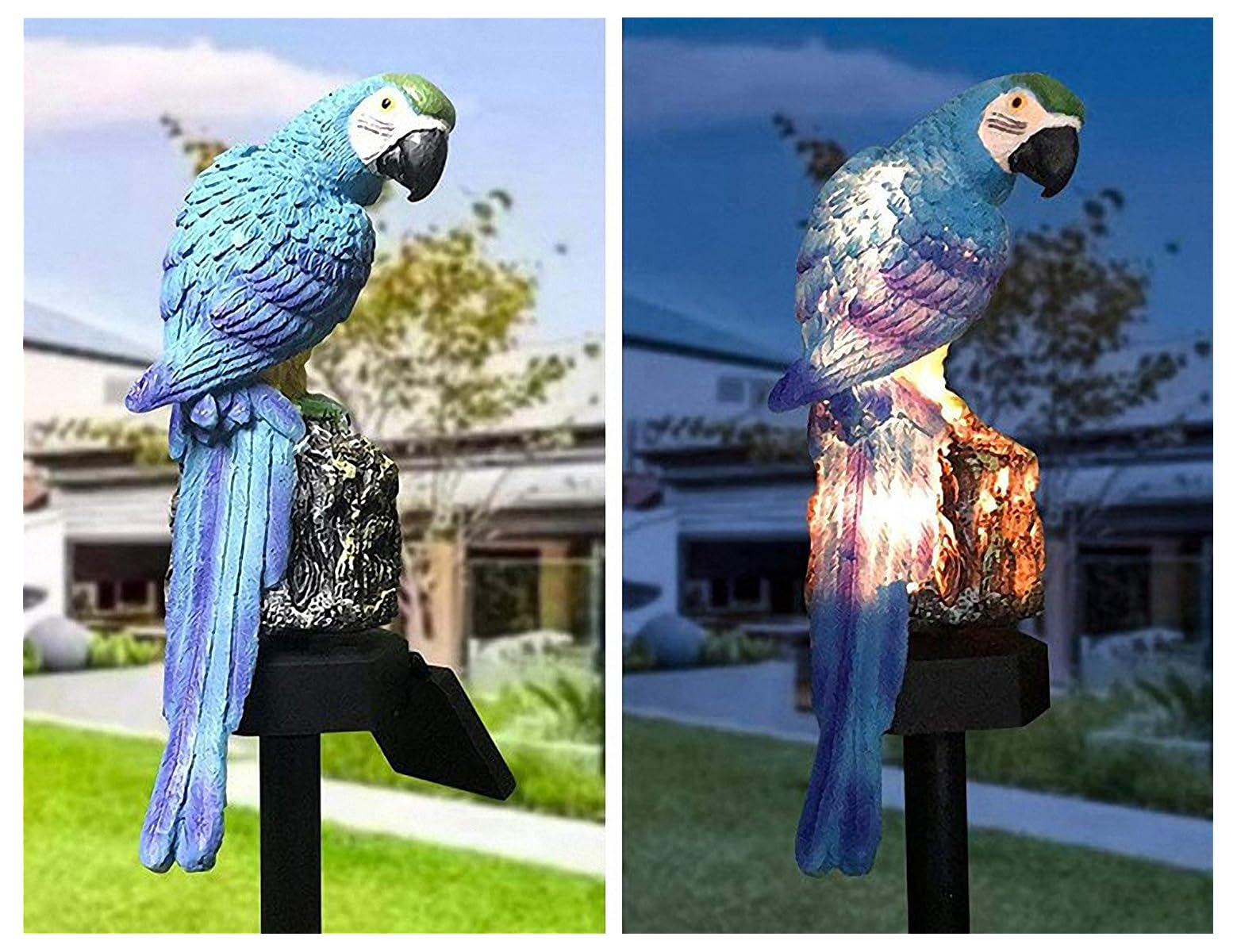Eine blaue Papageien-Solar-Gartenleuchte auf einem Pfahl, Tag und Nacht gezeigt.
