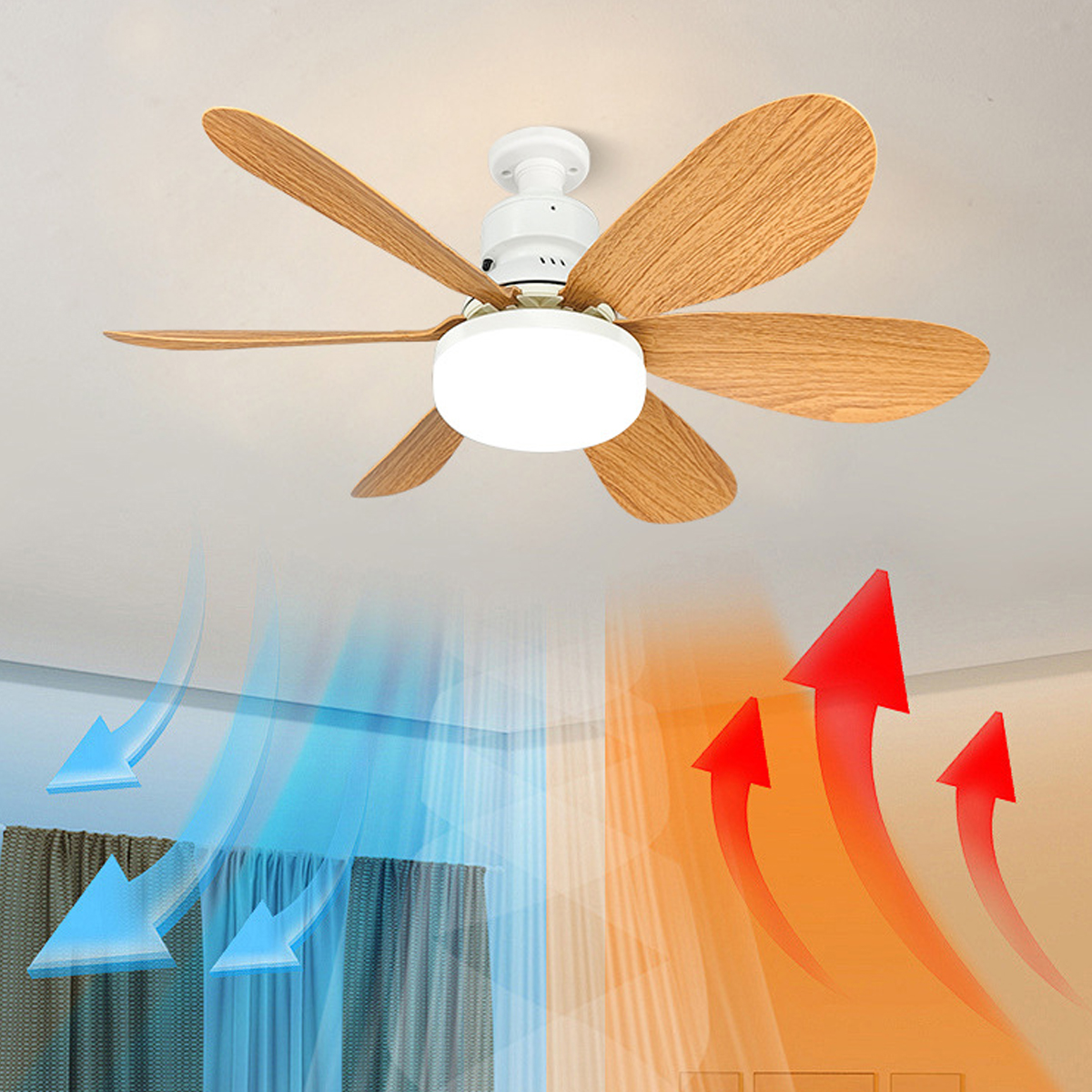 Deckenventilator mit Leuchte, Holzblättern und roten sowie blauen Luftstrompfeilen.