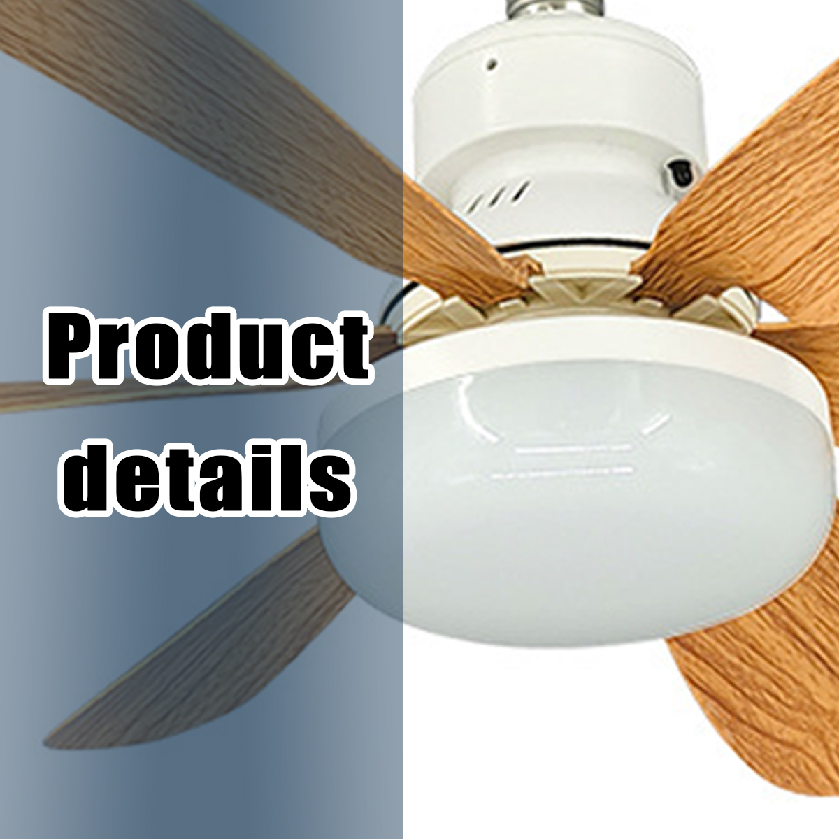 Ein Deckenventilator mit Holzflügeln und einer weißen Leuchte. Der Text lautet Produktdetails.