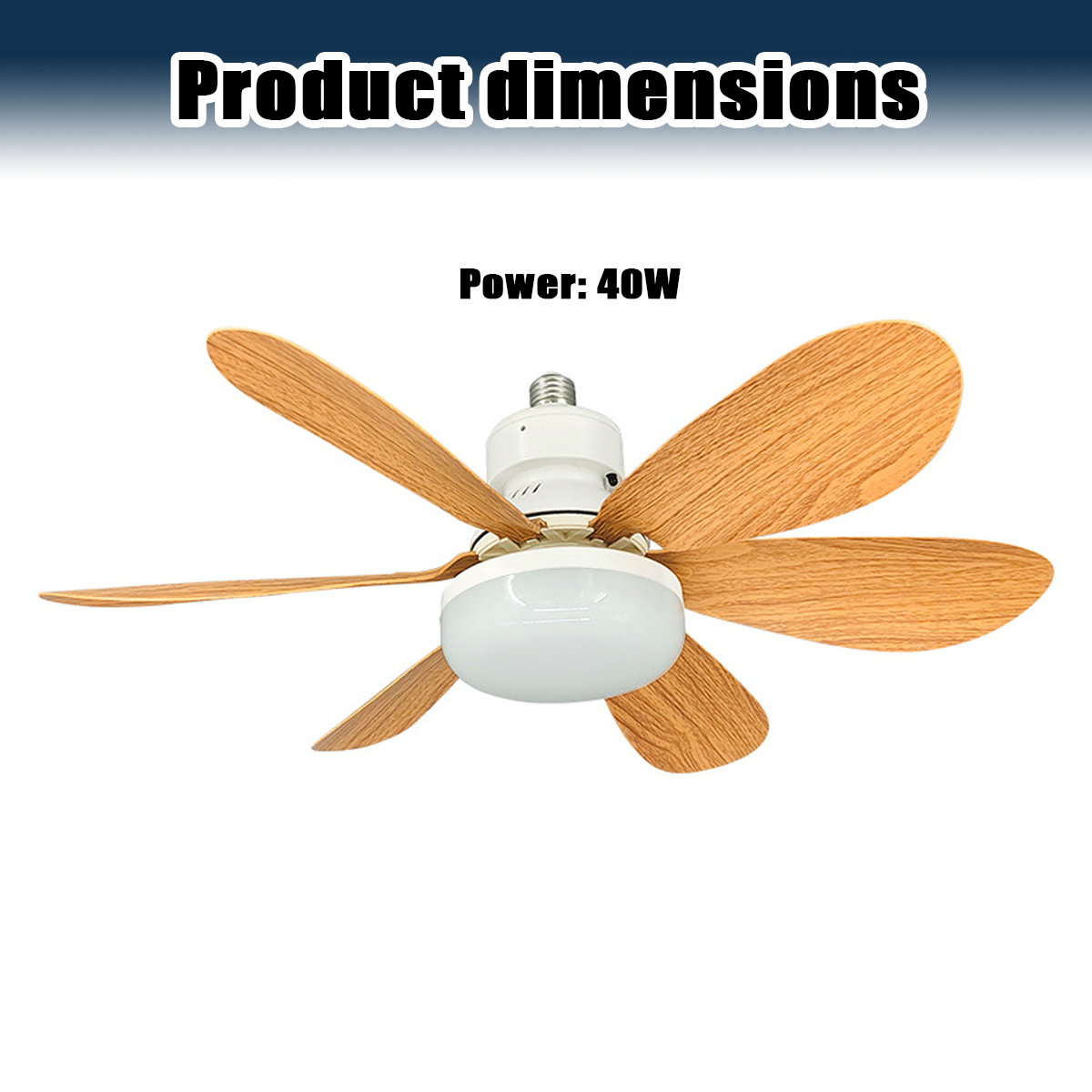 Ein 40W weißer Deckenventilator mit Licht und fünf Holzmaserungs-Flügeln vor weißem Hintergrund.