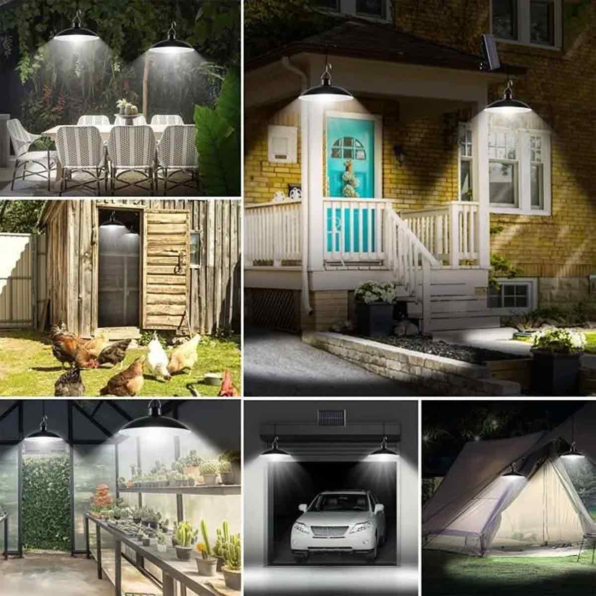 Solarbetriebene Hängeleuchten beleuchten verschiedene Outdoor-Szenen wie eine Terrasse, ein Hühnerstall und ein Zelt.