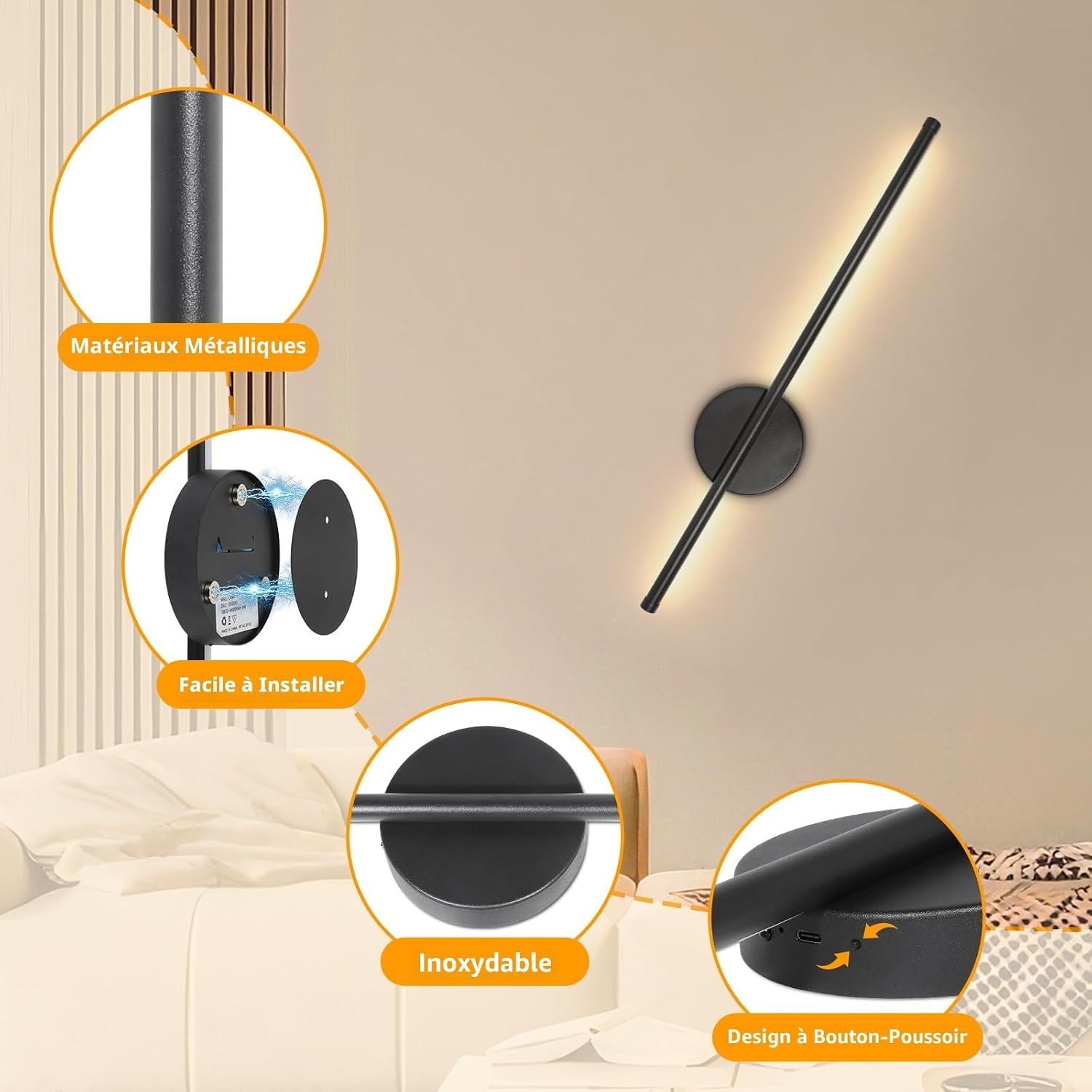 Schwarze LED-Wandleuchte mit Metallrohrdesign und vier Detailkreisen auf beigem Hintergrund.