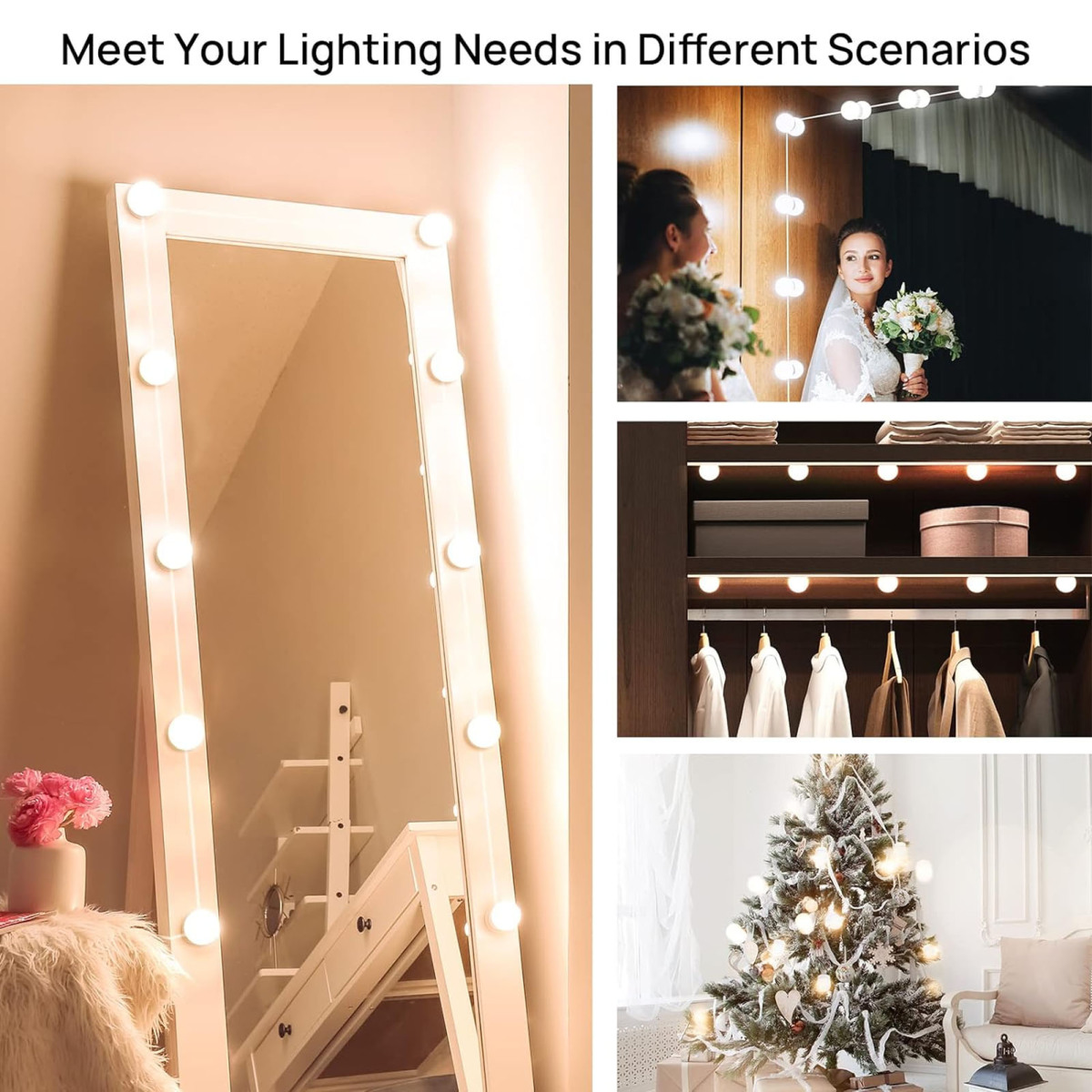 Eine Collage zeigt einen beleuchteten Spiegel, Schminklichter, Schrankbeleuchtung und einen Weihnachtsbaum.