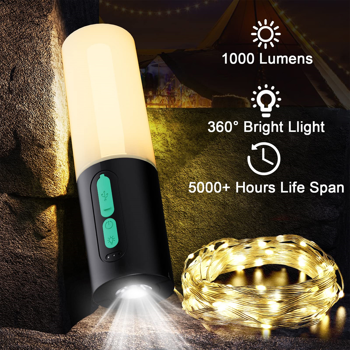 Eine schwarze Campinglampe mit hellem Licht und Text zu Funktionen wie 1000 Lumen und langer Lebensdauer.