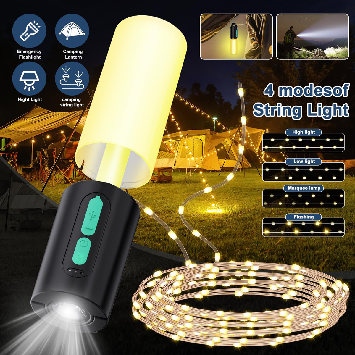 Eine vielseitige Campinglampe mit Lichterkette und Taschenlampe vor nächtlicher Campingplatz-Kulisse.
