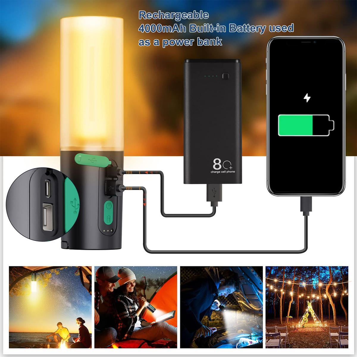 Wiederaufladbare LED-Lampe, die als Powerbank zum Laden eines Smartphones dient.
