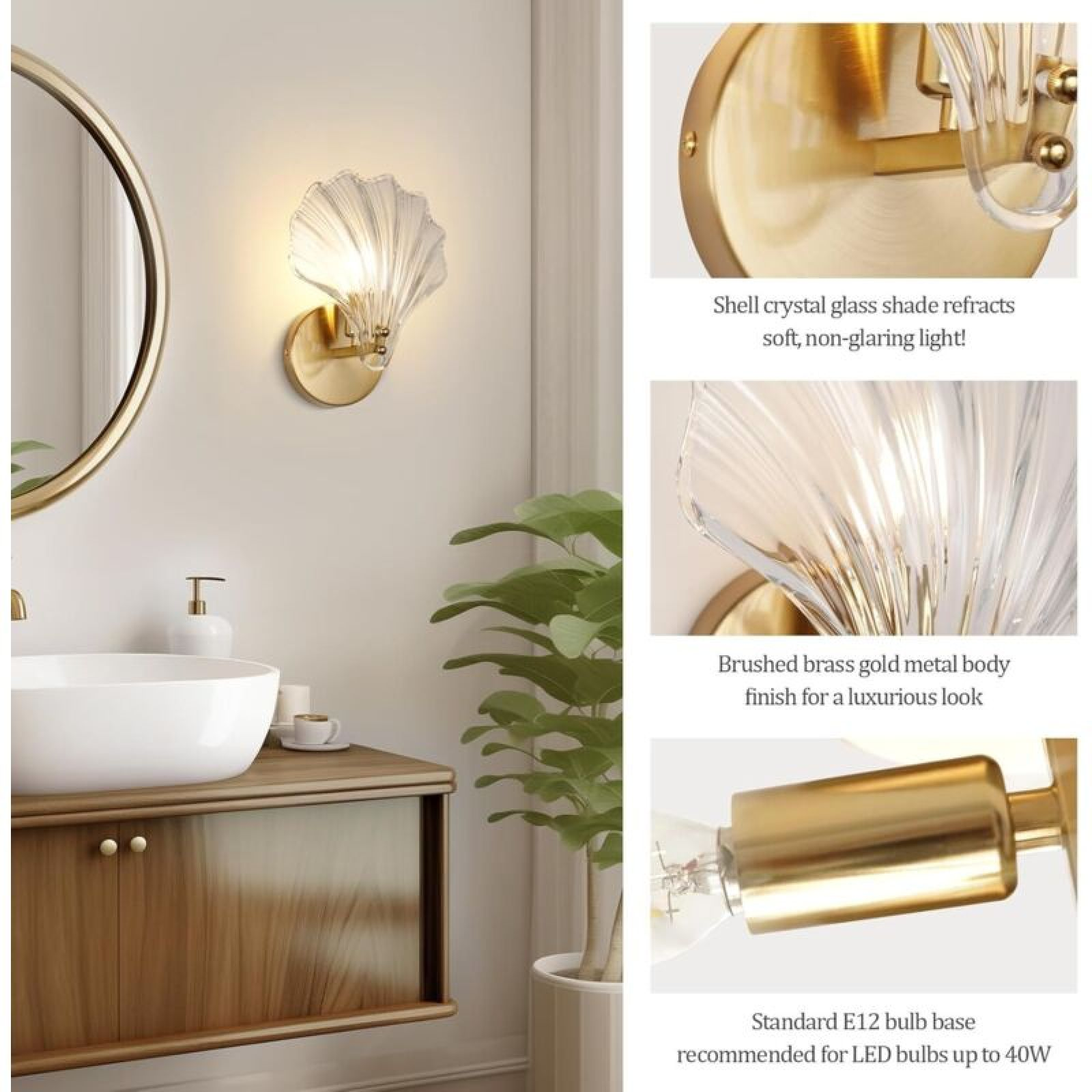 Wandleuchte mit Muschel-Glas und Messing-Basis, im Badezimmer neben Spiegel und Pflanze, mit Detailaufnahmen.