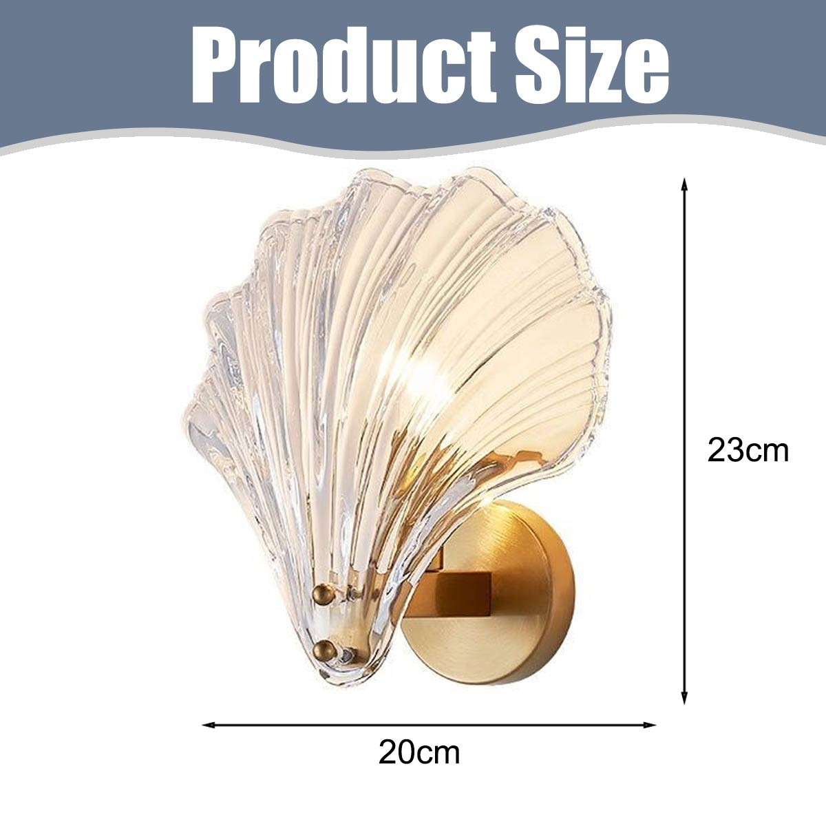 Produktgröße Diagramm zeigt eine muschelförmige Wandleuchte, 23cm hoch und 20cm breit.