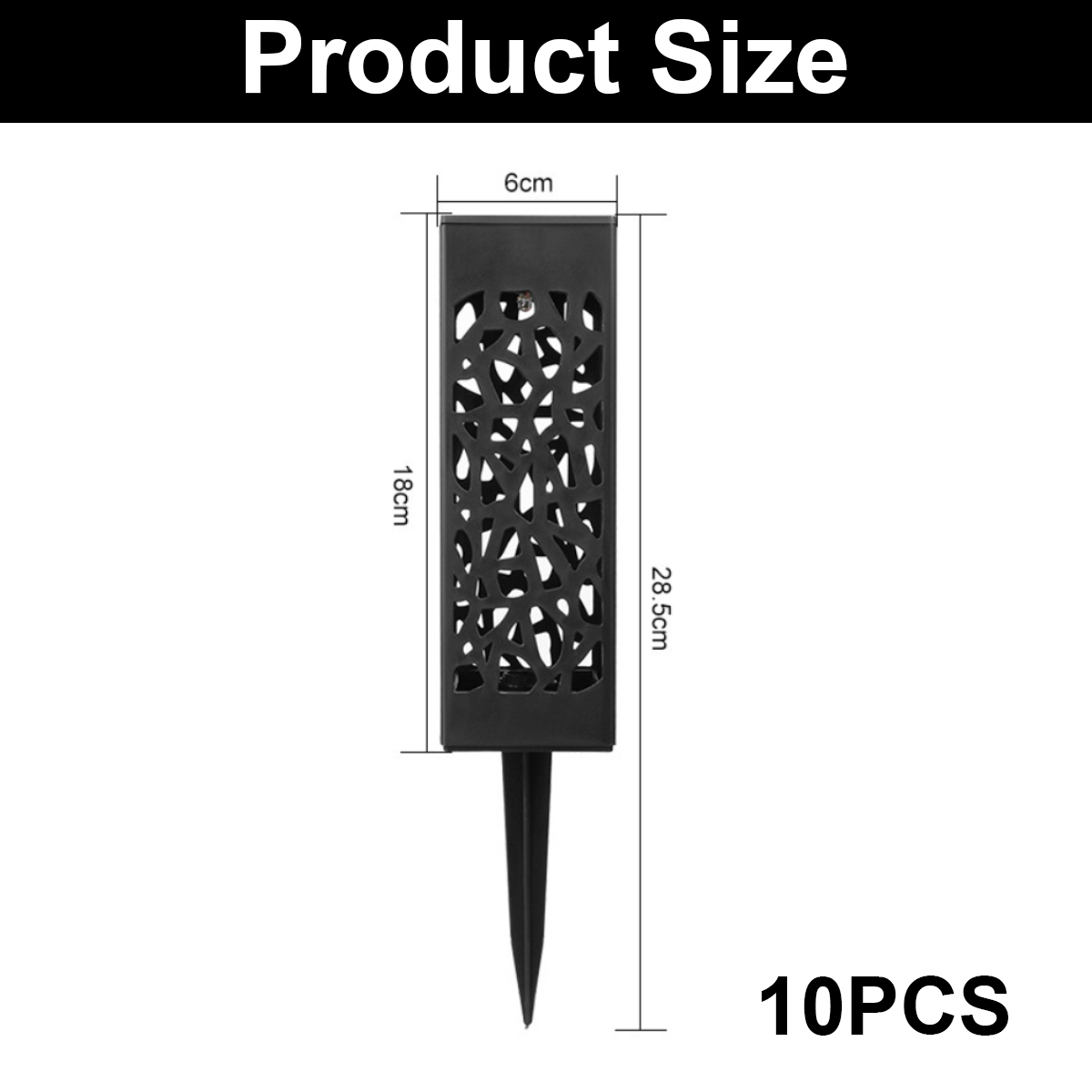 Produktgröße: Schwarze Solar-Gartenleuchte, 6cm breit, 18cm hoch, Gesamt 28.5cm, 10 Stück.