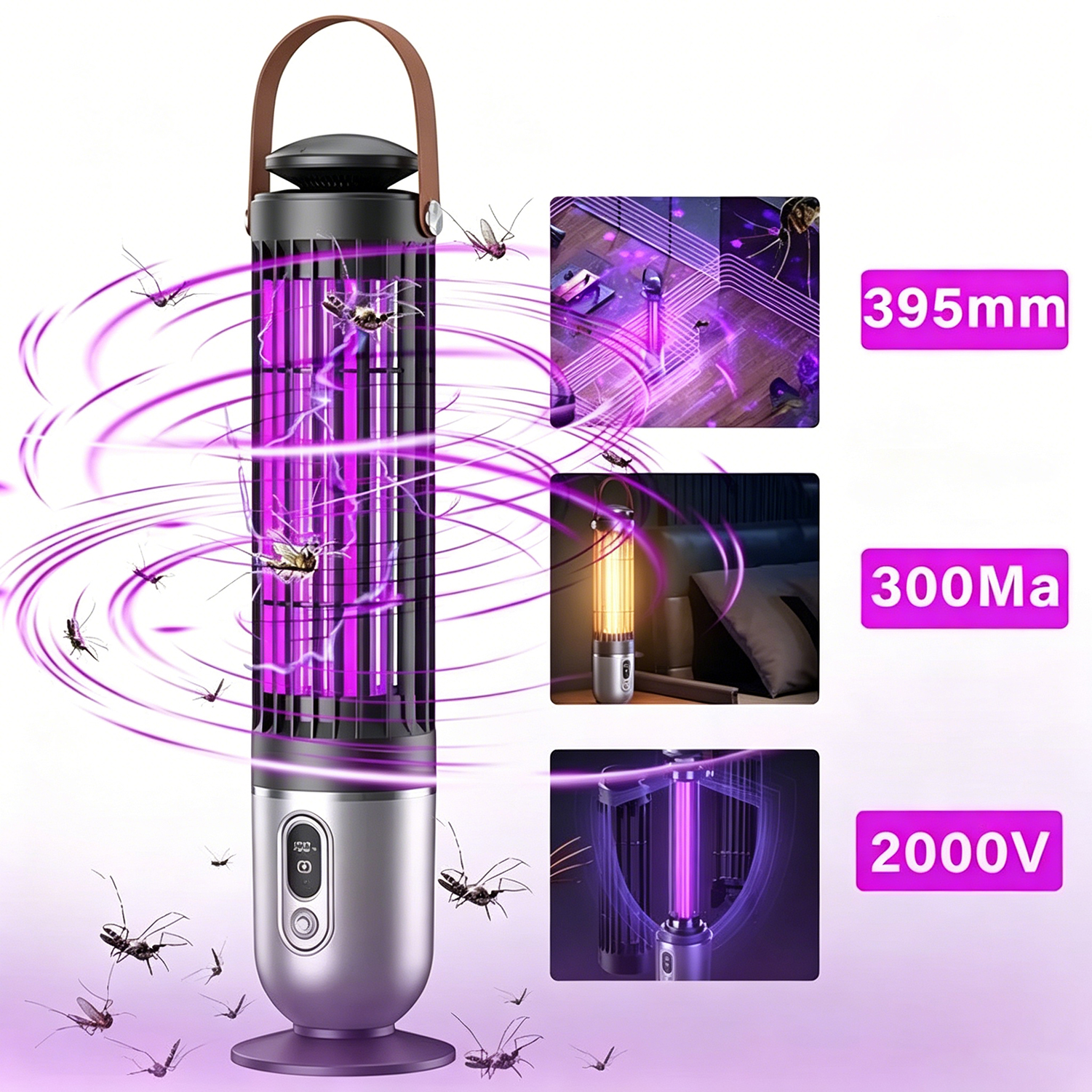 Eine zylindrische UV-Insektenfalle mit violettem Licht, Tragegurt und kleinen Insekten-Grafiken auf weißem Hintergrund.