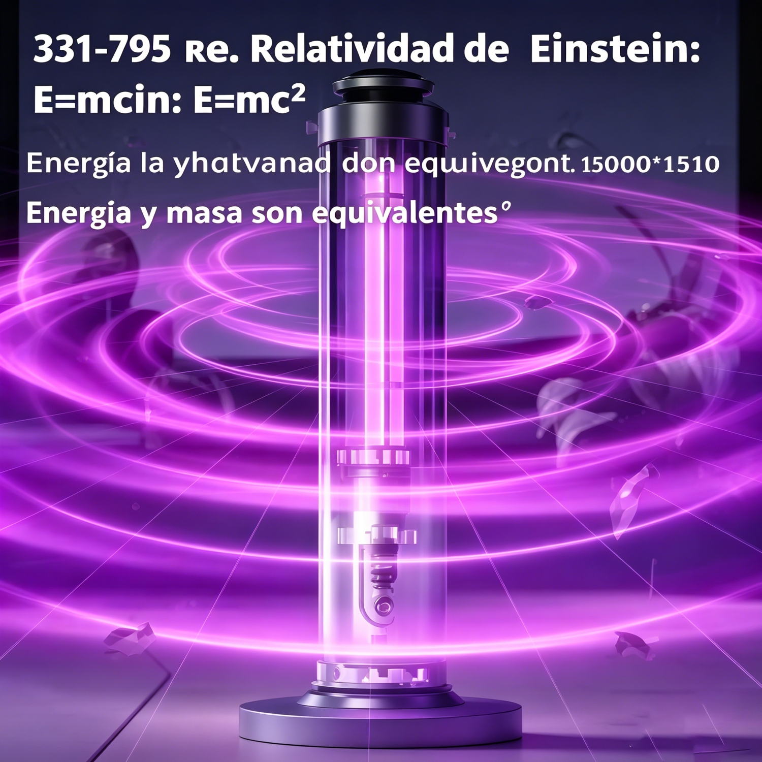 Ein zylindrisches Gerät strahlt purpurne Lichtwellen aus, umgeben von Text über Einsteins Relativitätstheorie.