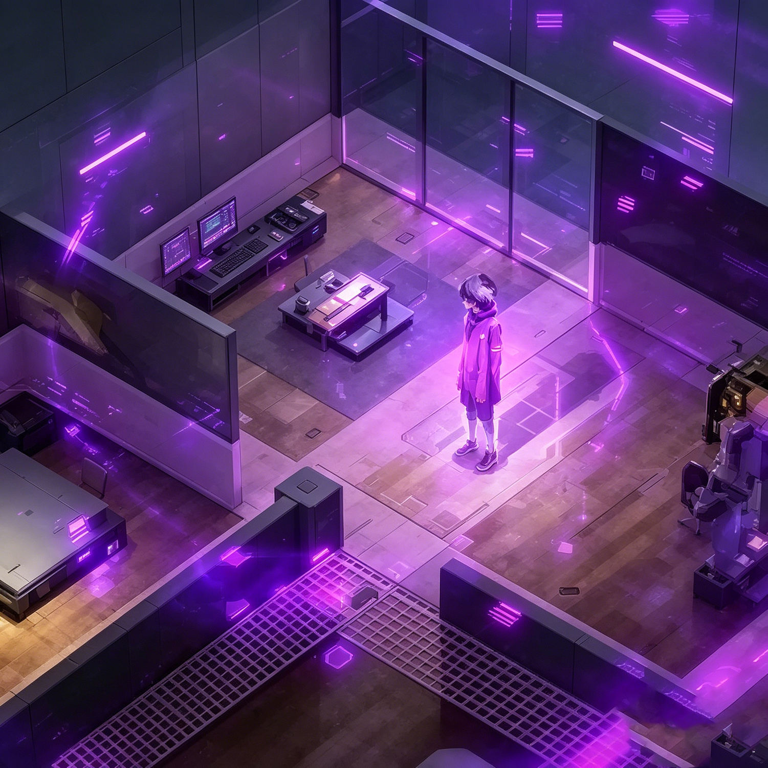 Ein Anime-Mädchen steht in einem futuristischen Raum mit neonpurpurnem Licht, Computern und Glaswänden.