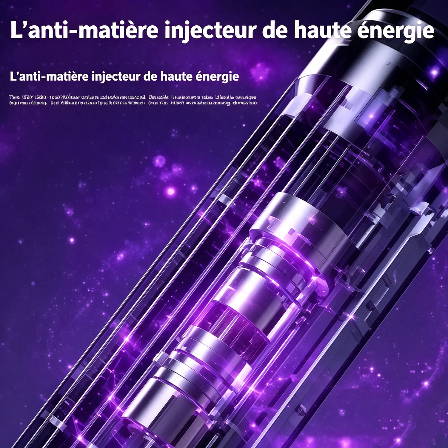 Lila farbener Antimaterie-Injektor mit futuristischem Design auf einem Hintergrund mit Sternen.
