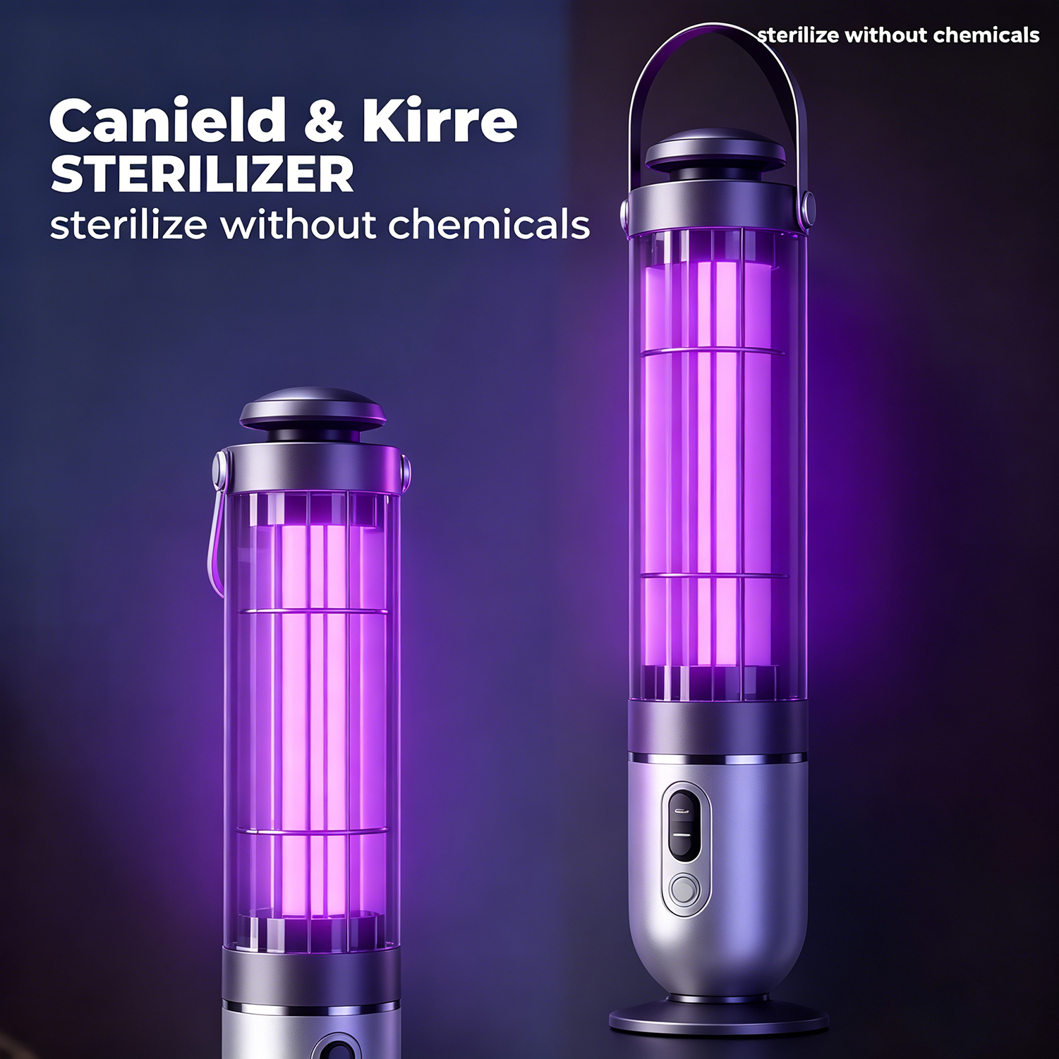 Zwei ultraviolette Sterilisationslampen leuchten violett vor einem dunklen Hintergrund, mit Text auf der linken Seite.