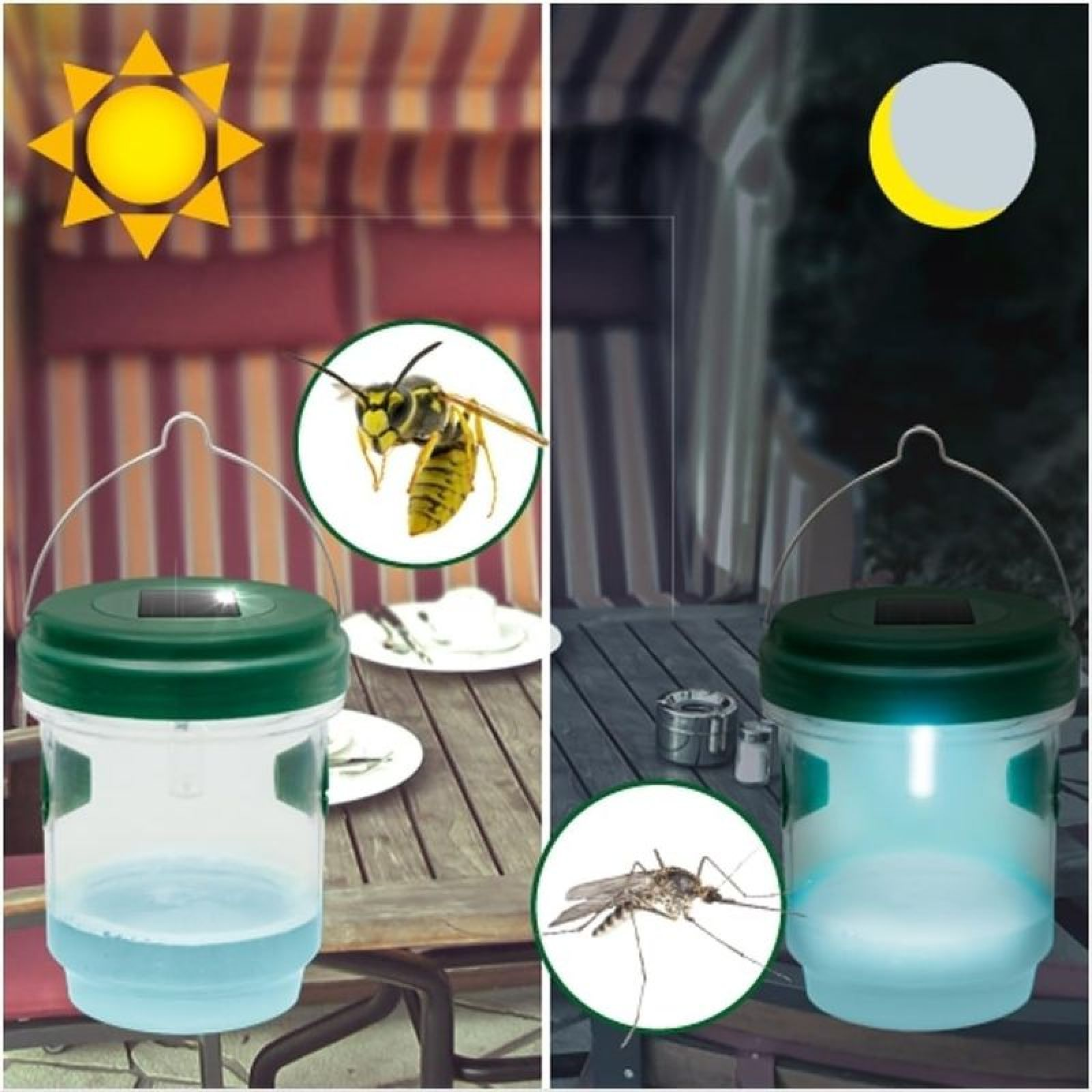 Solar-Insektenfalle mit grünem Deckel im Vergleich Tag und Nacht gegen Wespen und Mücken.