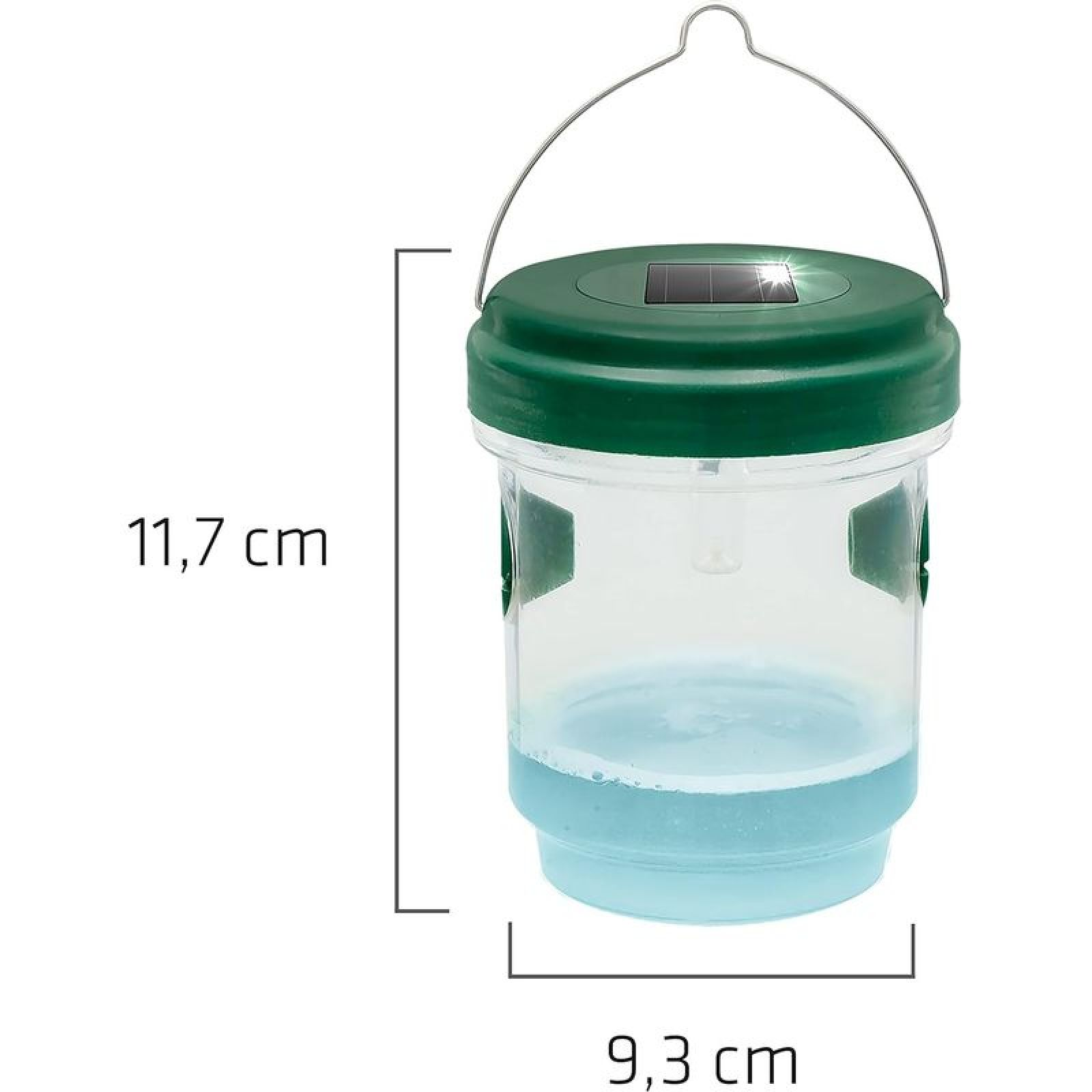 Grüne und transparente Insektenfalle mit Aufhängebügel, 11,7 cm hoch und 9,3 cm breit, mit blauer Flüssigkeit.