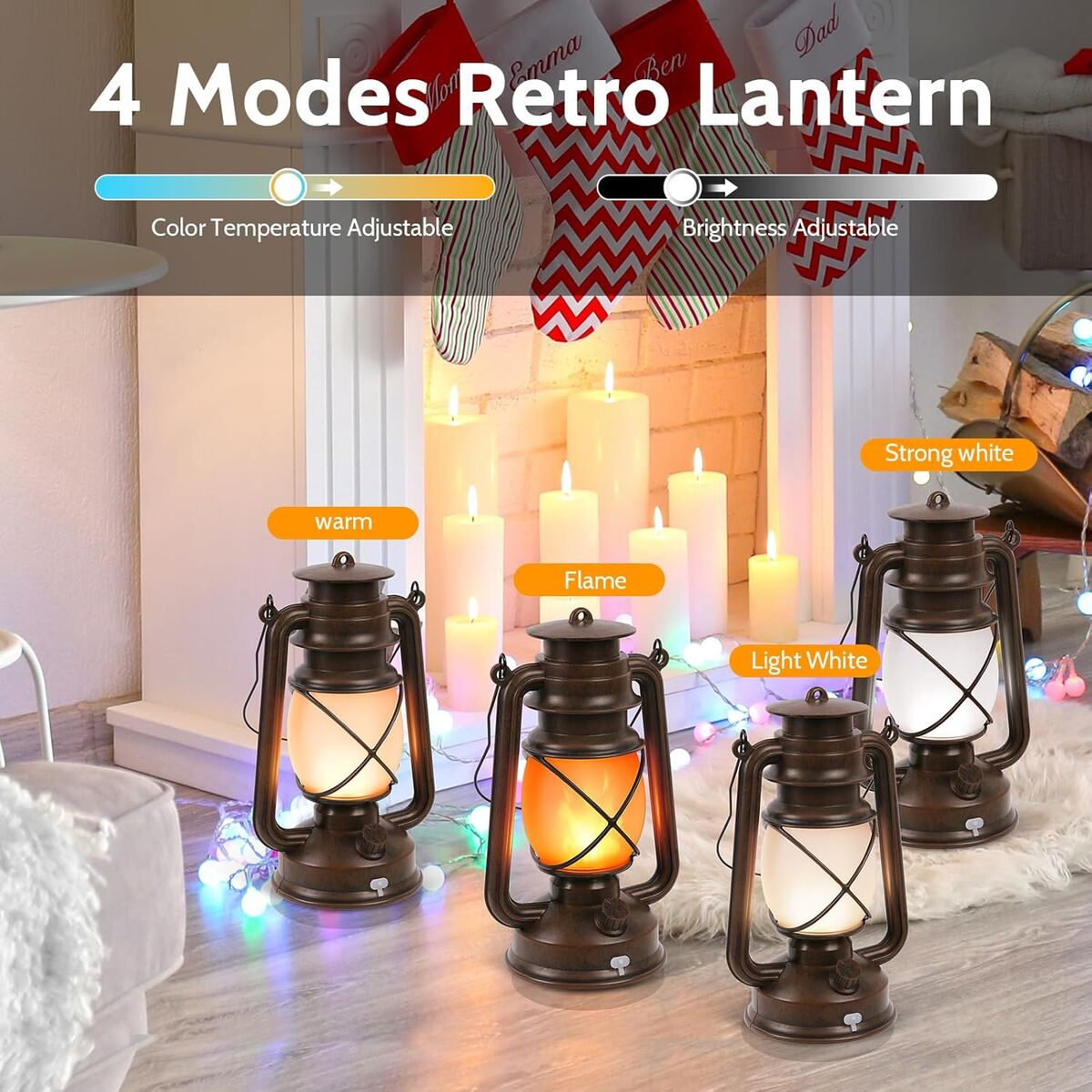 Vier Retro-Laternen zeigen verschiedene Lichtmodi vor einem Kamin mit Weihnachtssocken.